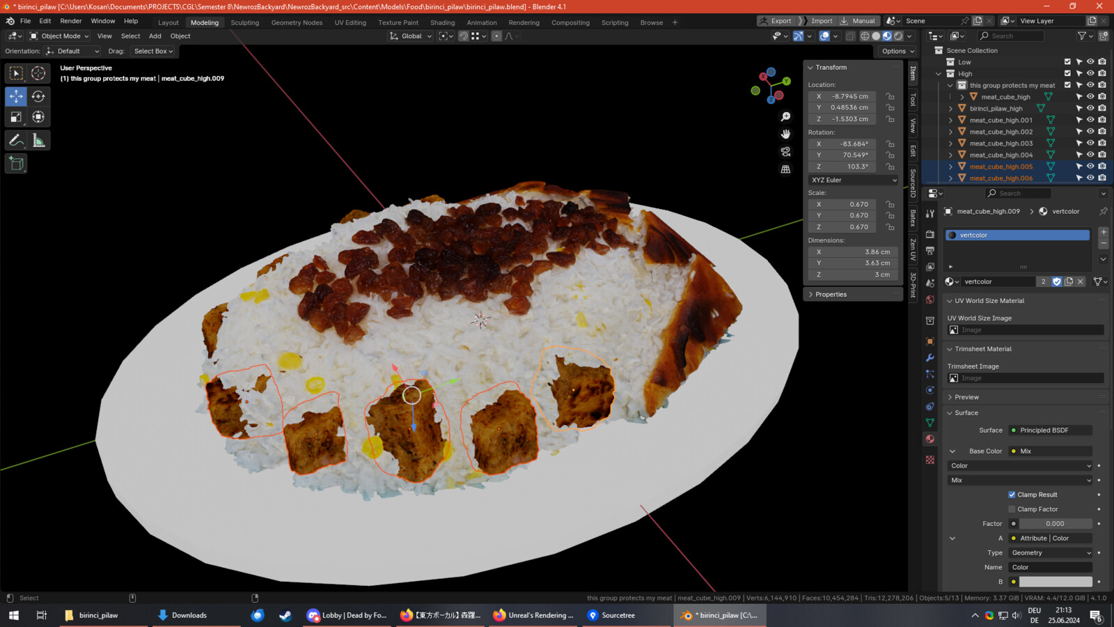 Assembled pilaw highpoly with meat placed digitally