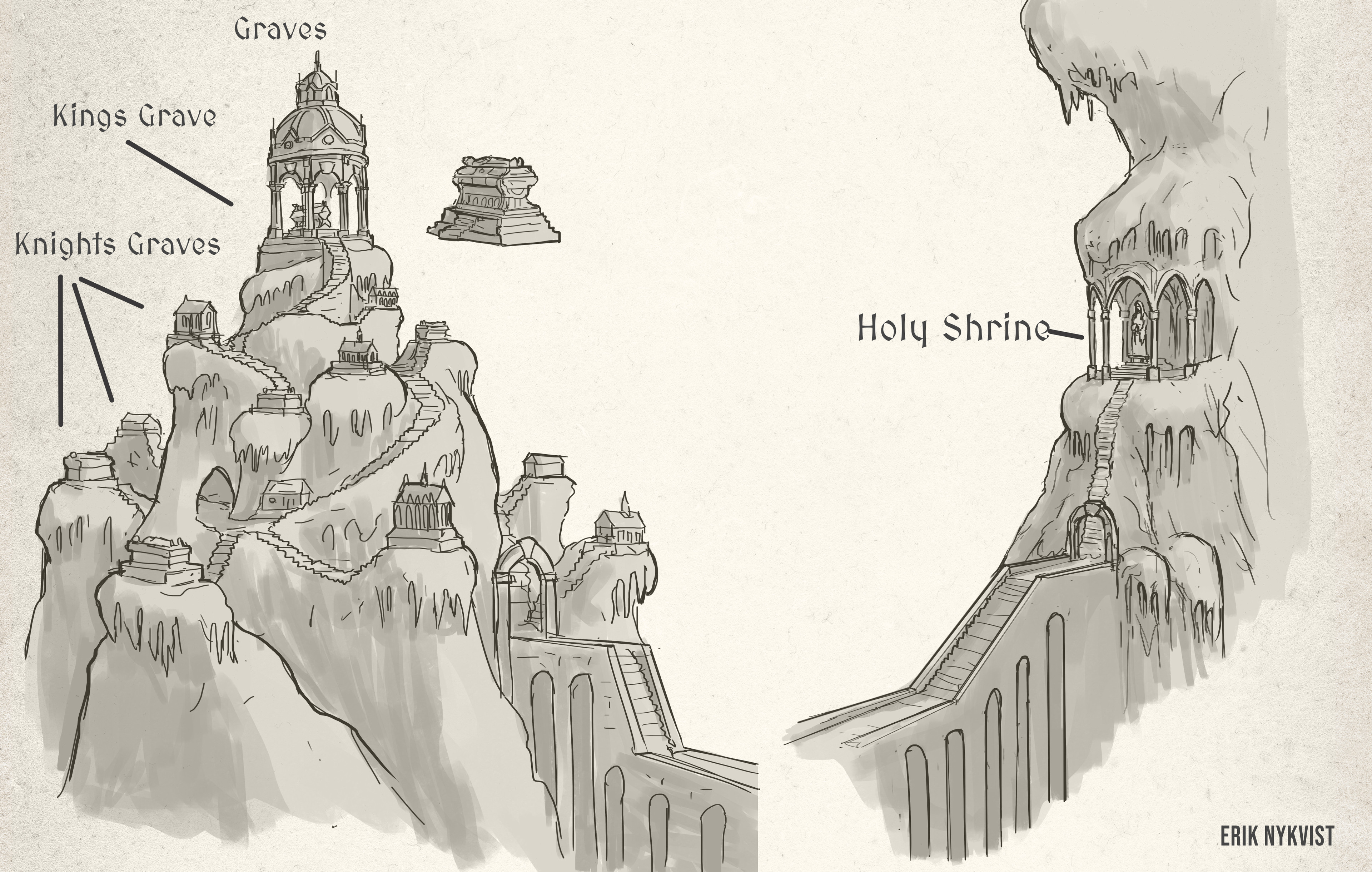 On one side is the site for the fallen knights loyal to the king over generations. The other side is a sacred shrine. 