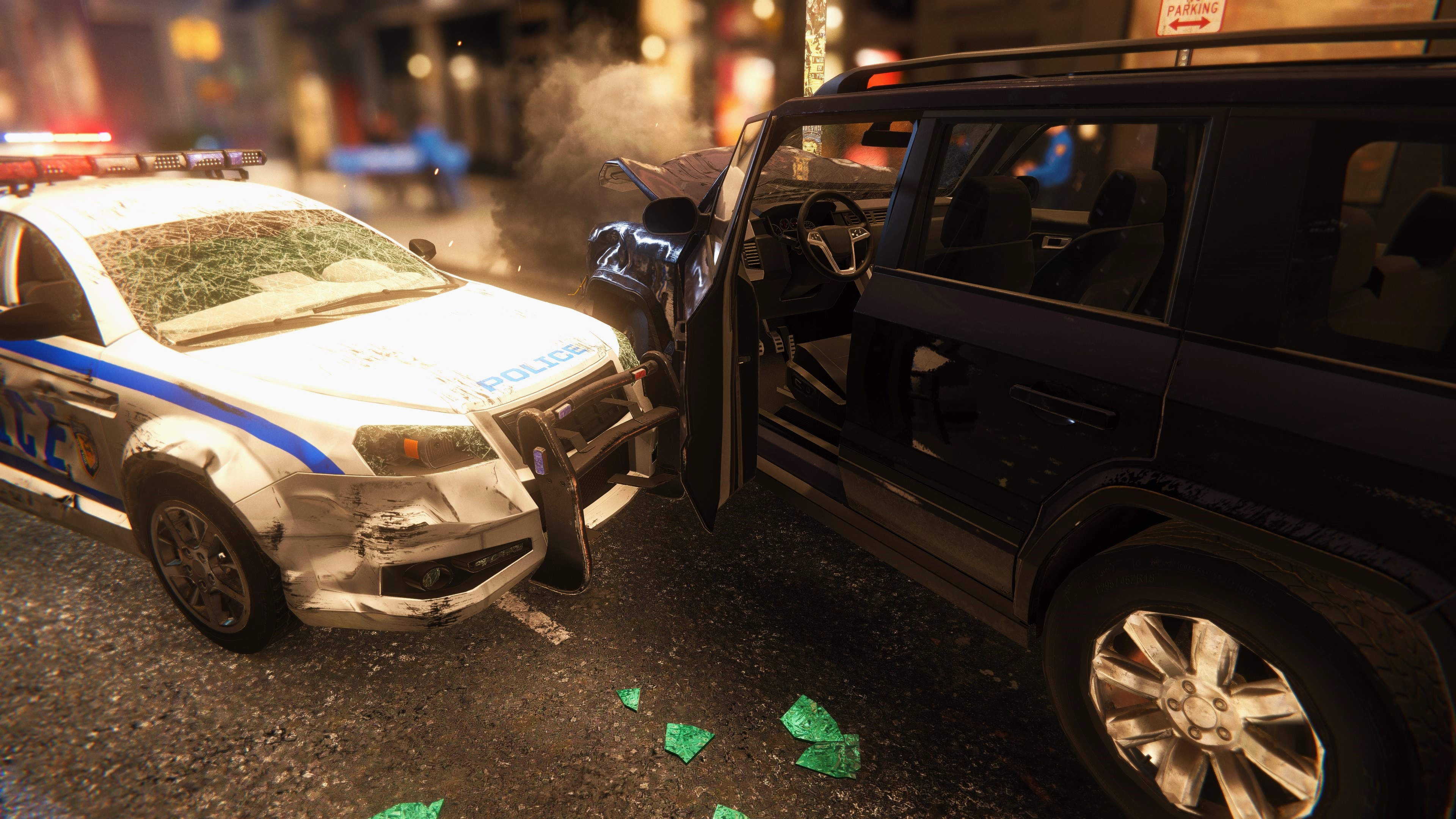 For these damaged vehicles, I performed game-res modeling and texture adjustments before engine integration.
Note, the decals (text and icons) for the police cruiser were added by the development team.
