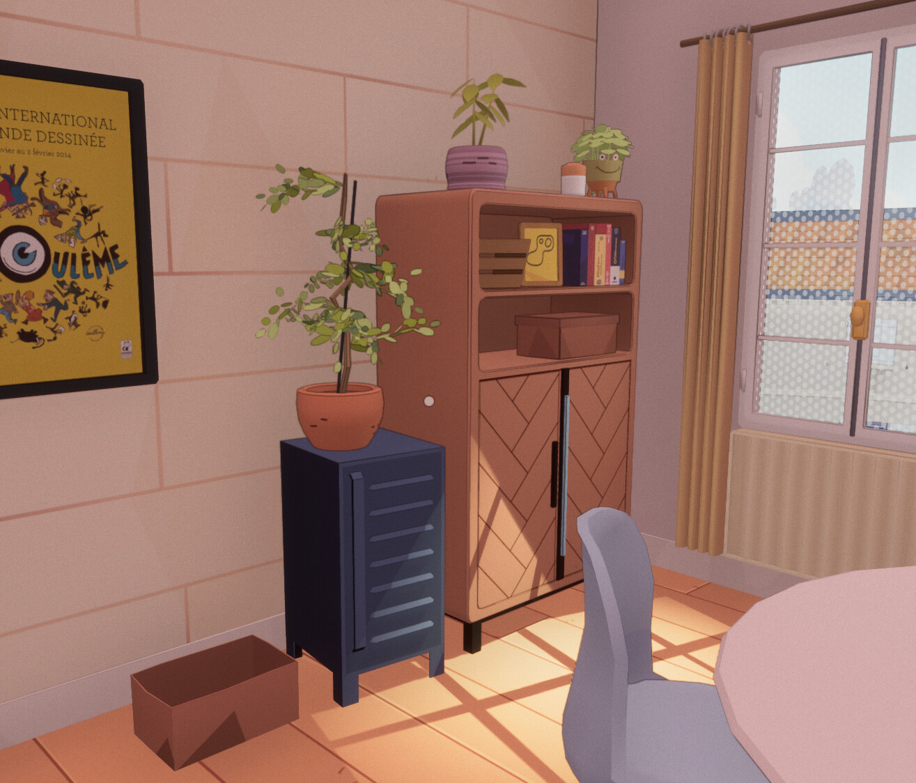 Plants, Furnitures and cardboard boxes