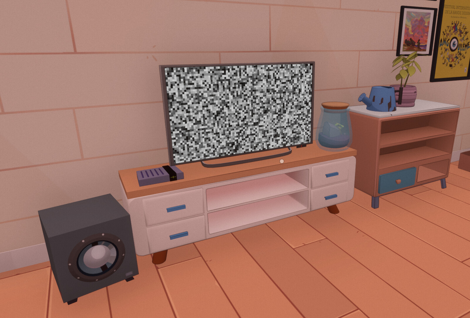 TV, Furniture, internet box, speaker and watering can