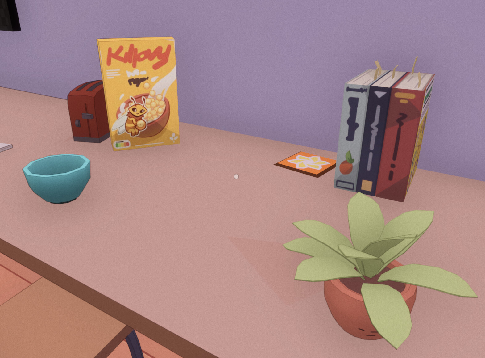 Plant, bowl, cereal, toaster and books