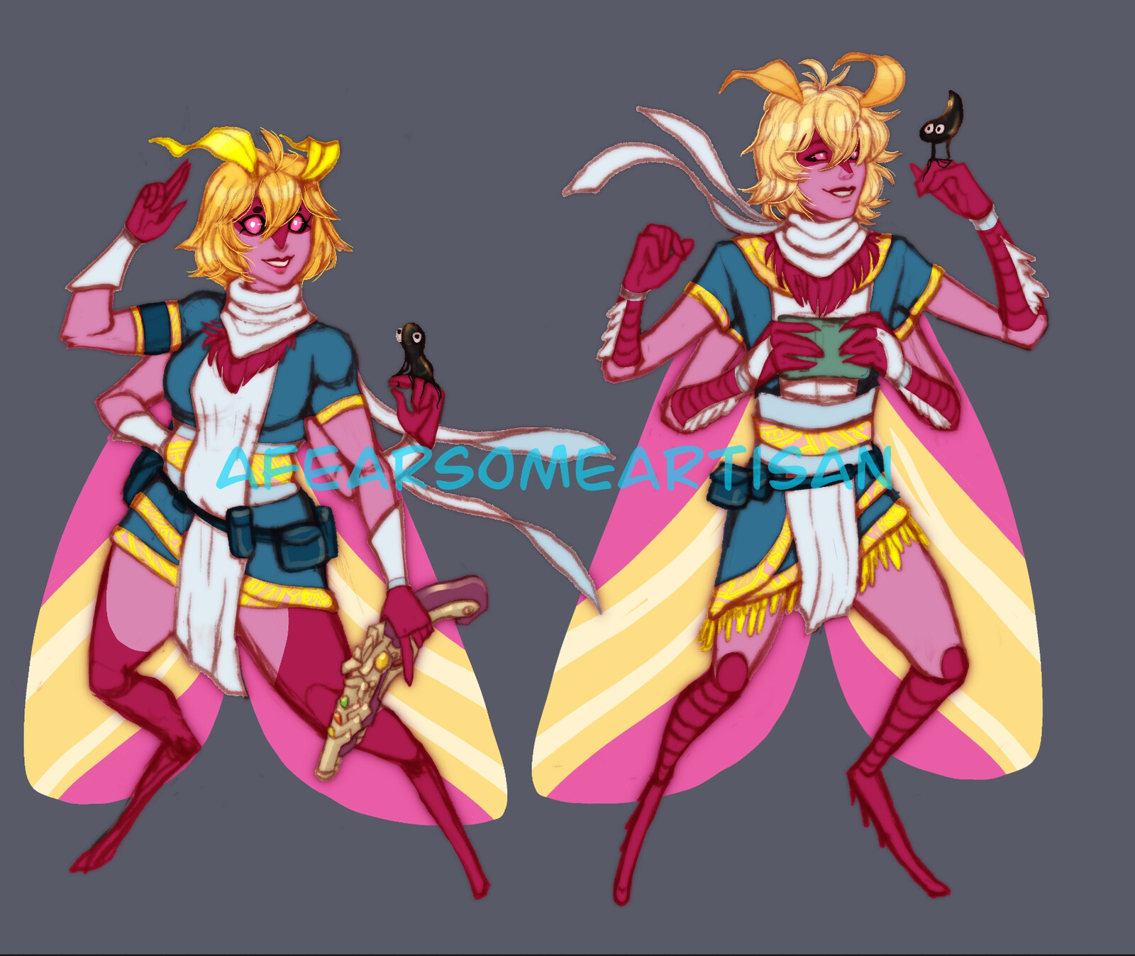 Character design for a Rosy Maple Moth- themed adventurer