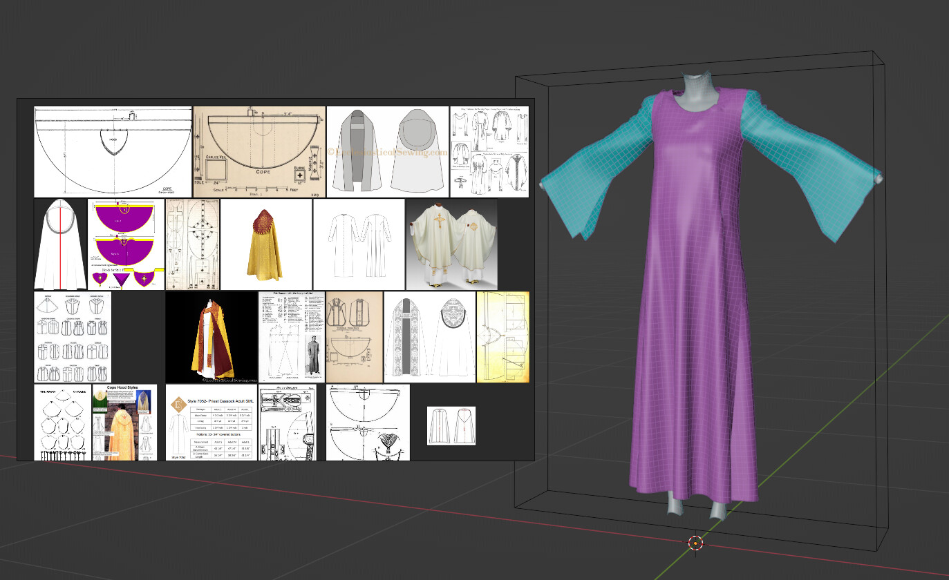 Initial cloth in Blender and  pattern references - I changed the design somewhat since I did this.