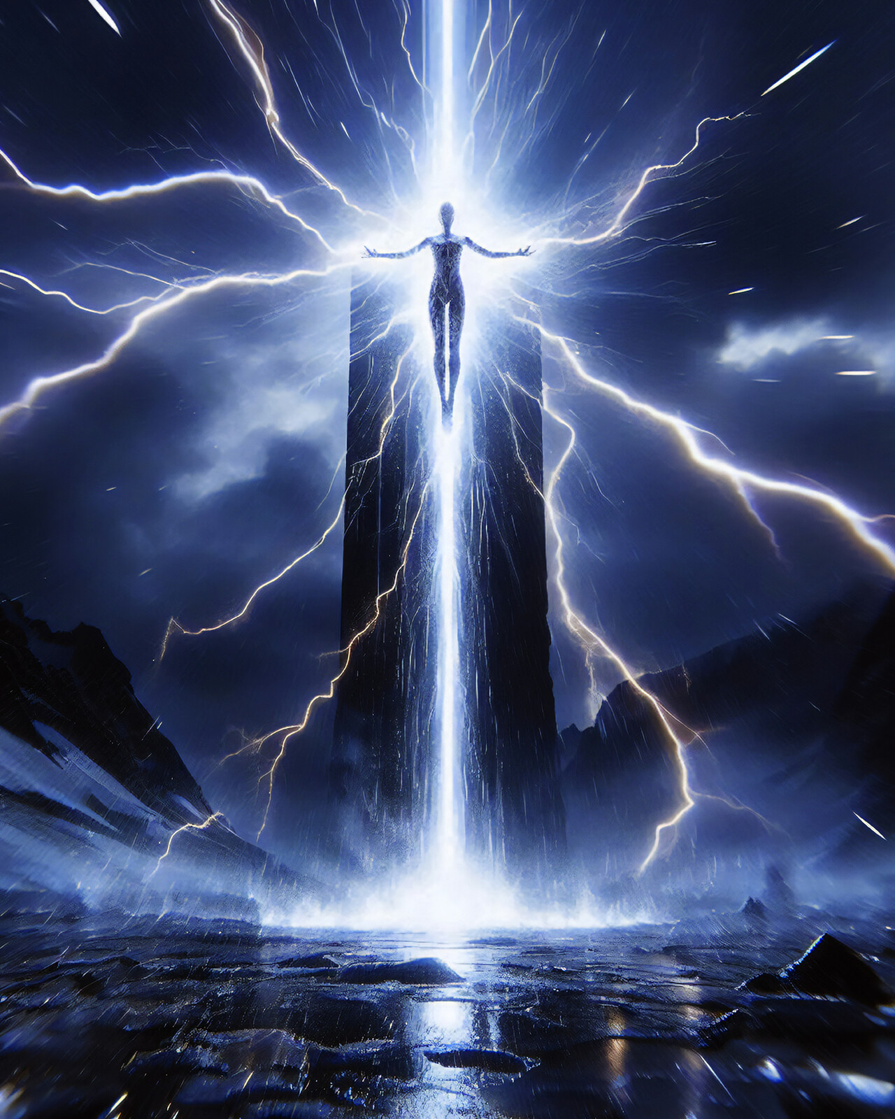 The monolith, a silent witness to the ages, channels the sanctity of ancient stones, serving as a conduit for the limitless possibilities of new technology.