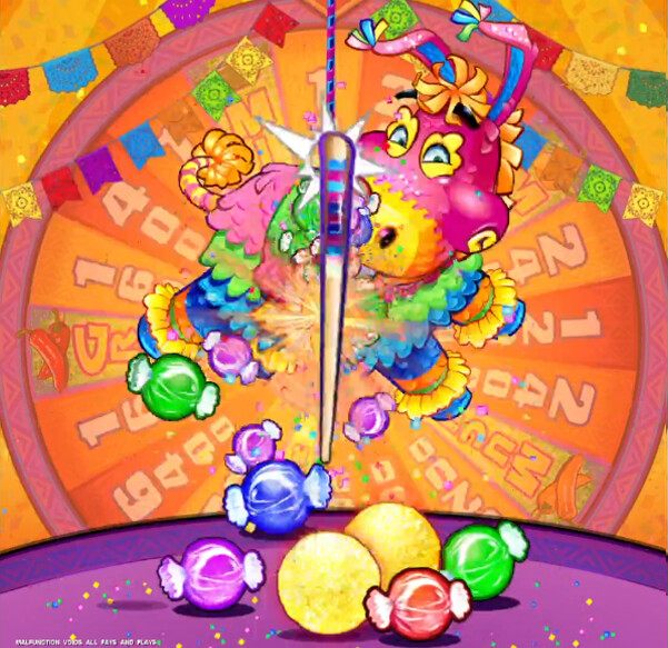 While this screenshot is not from the original Fiesta! game that I worked on, it is a good example of the behavior of hitting the piñata with the bat, with the candy and bonus rewards falling out. I could not find any public images of the original game.