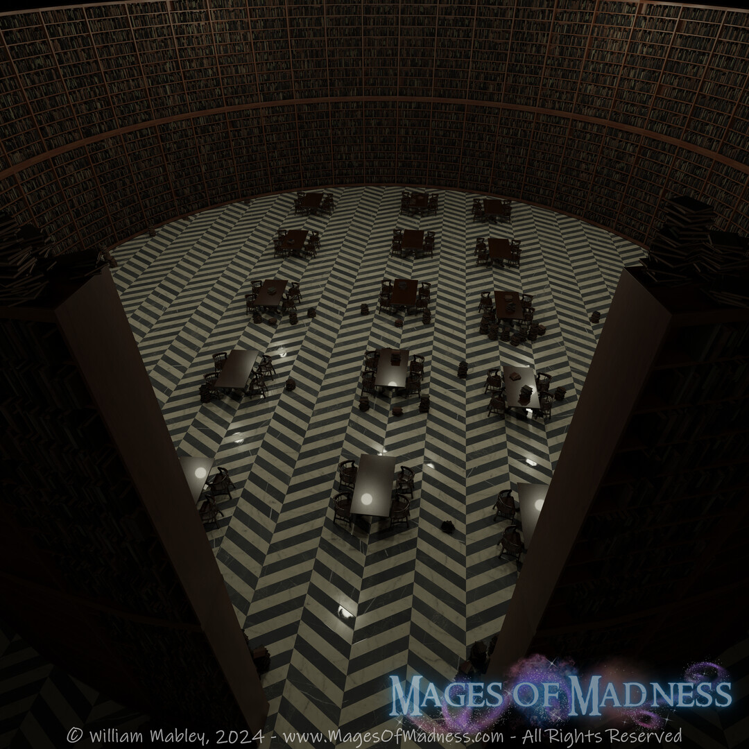 Reading Room - Test image using new table and chair models I created to test dynamic object placement and dynamic shelf creation in non linear shapes. 