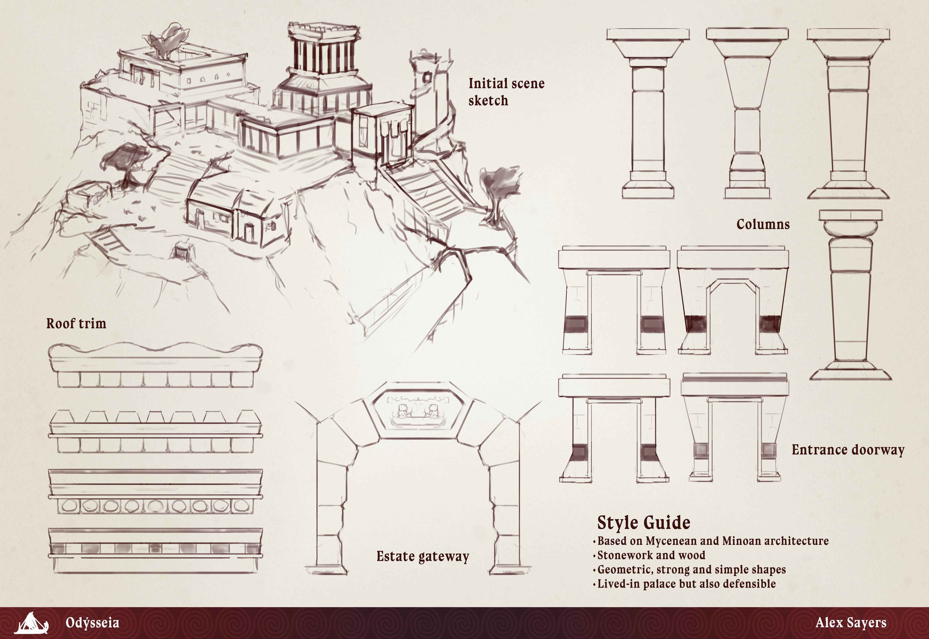 Some very early ideas while browsing images of ruins and reimaginings of what buildings looked like in Greece around 1000BC