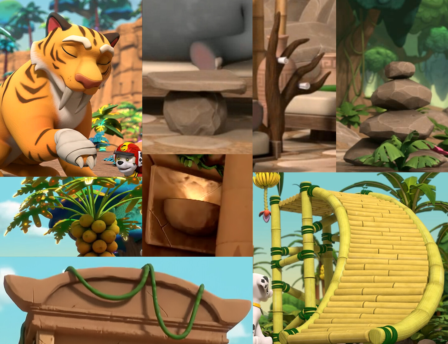 Modeled and or sculpted the Sabretooth's Bandage, Elephant Spa set decorations, Hidden Jungle papaya tree leaves, Bamboo Slide, Hidden Jungle Temple roof and wall torches