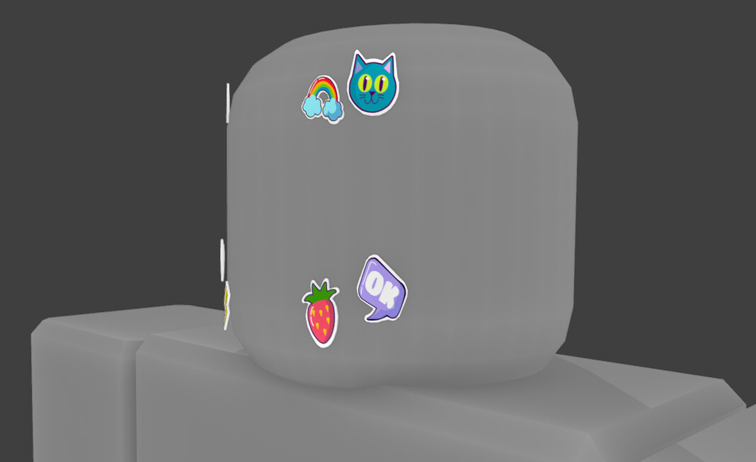 3/4 view of Mae Stephens Face stickers after Texture has been completed. 