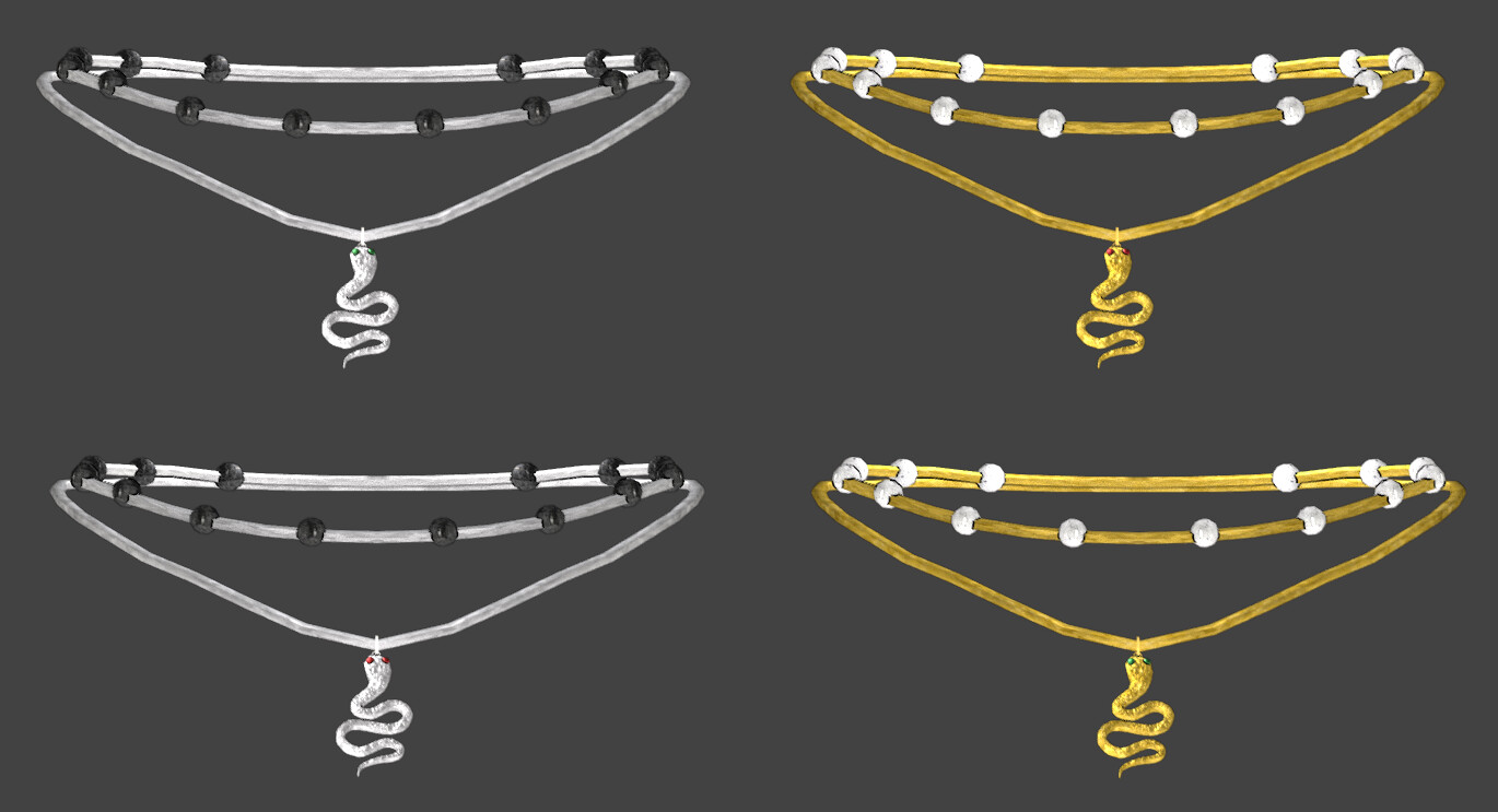 Snake Necklaces I made for the 3.0 rig (female body) for ZellzUGC on the Roblox Platform.