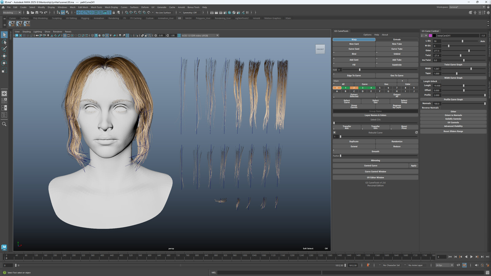 I made the whole hair process with GS CurveTools. This is the Maya plugin that is a powerful tool for making real-time hair. I also use its layer to organize the hair group layer, so I can easily overlay the hair groups until the final layer.