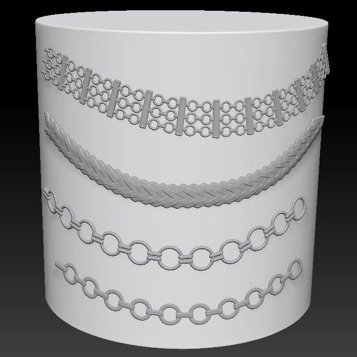 Custom curve brushes I modeled and UV'd in Maya, then created in ZBrush