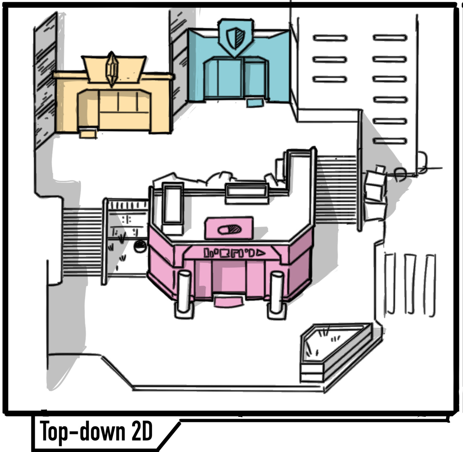 Top-down 2D
Constraints: Limited view with only one wall visible, requiring careful composition.
Opportunities: Ideal for abstracted environments and puzzle-based gameplay, emphasizing clarity in design.