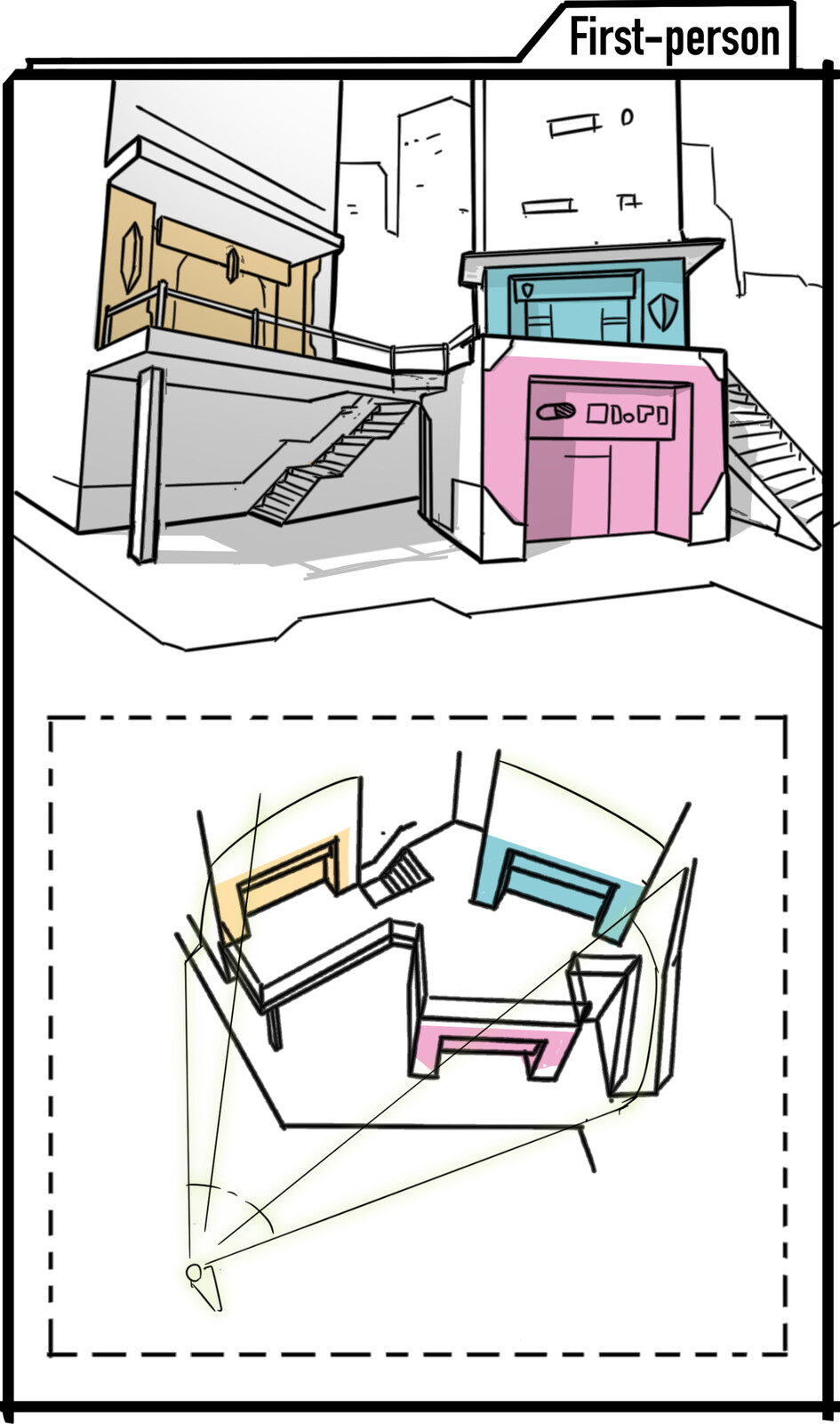 First-person
Constraints: Narrow field of view can limit spatial awareness and disorient in complex layouts.
Opportunities: Heightens immersion, placing the player directly in the world, ideal for navigation and interaction-focused design.