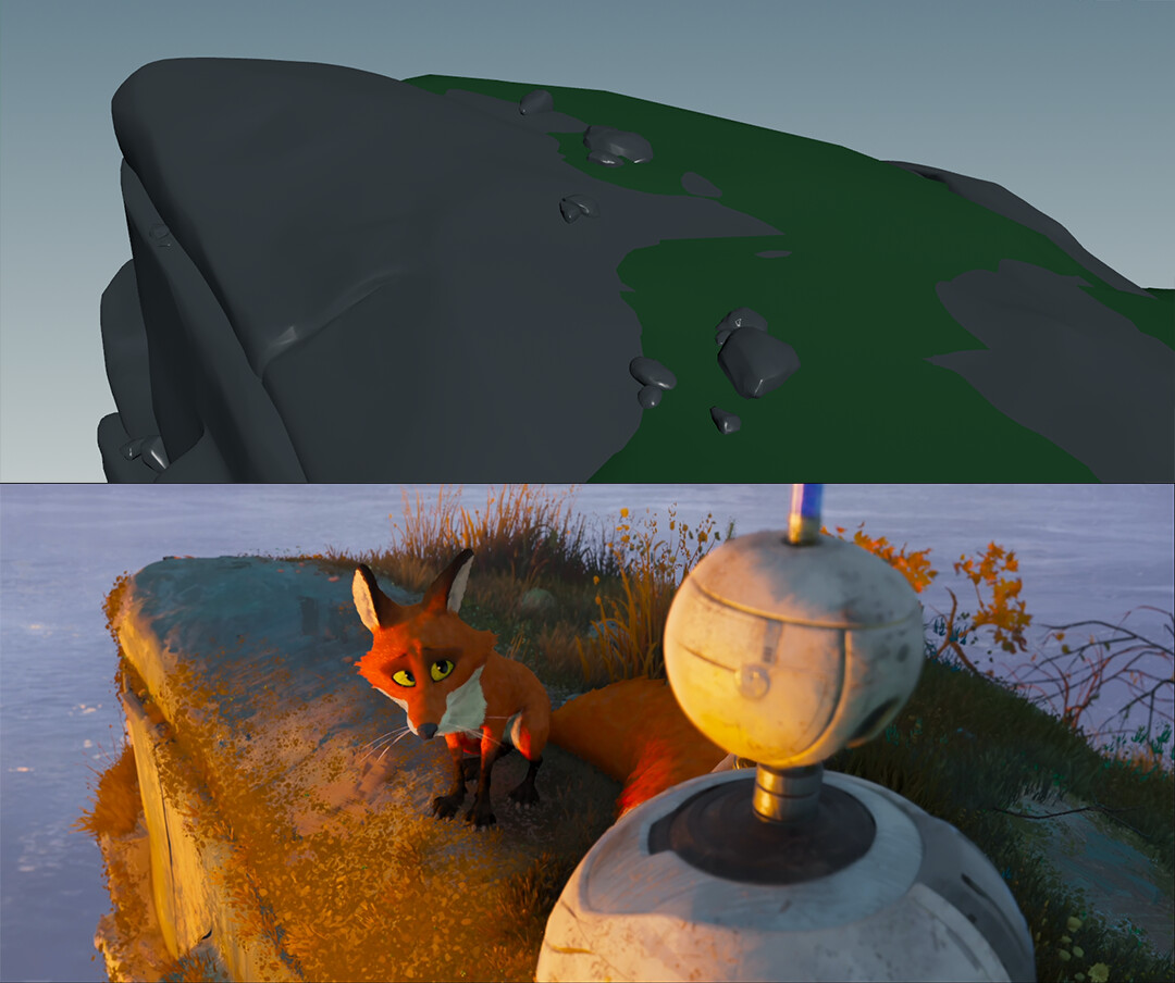 3D geo/mesh of the cliff, before all the texturing, look development and microdressing/scattering work. Before and after. 
Microdressing: small plants, grass, leaves, twigs, small rocks, flowers, ferns, etc.