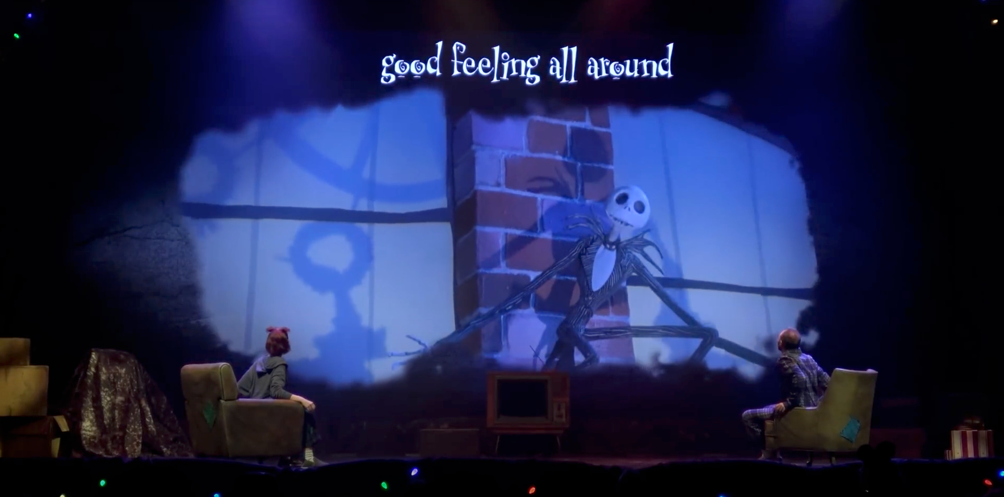 An example of one of the sing-along portions with the words at the top for the audience to see from all angles of the theatre