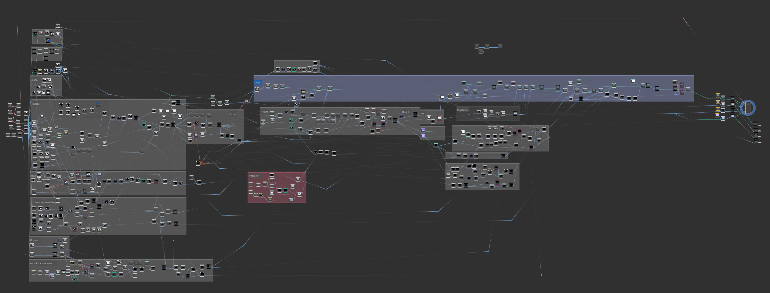 Brick Walls COP Network: it's huge! Wanted to try and push the limits of Copernicus to see how it works as a Substance Designer replacement. Surely can be reduced and refactored.