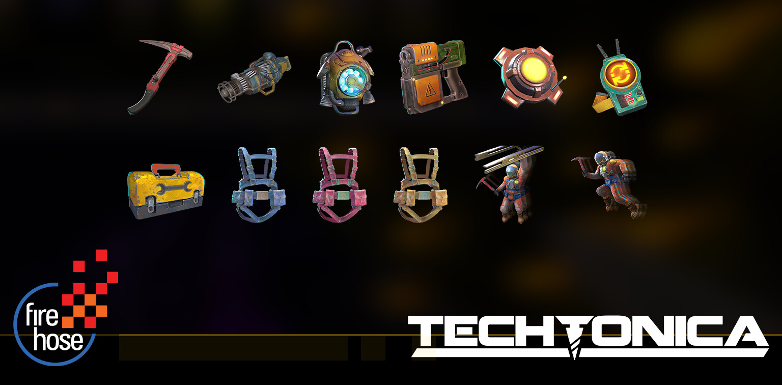 Tool Icons - The various character upgrades and equipment that the Groundbreaker uses in Techtonica. I helped concept the hover pack and various iterations of the pickaxe. The replacement tool and toolbox icons I illustrated from scratch.