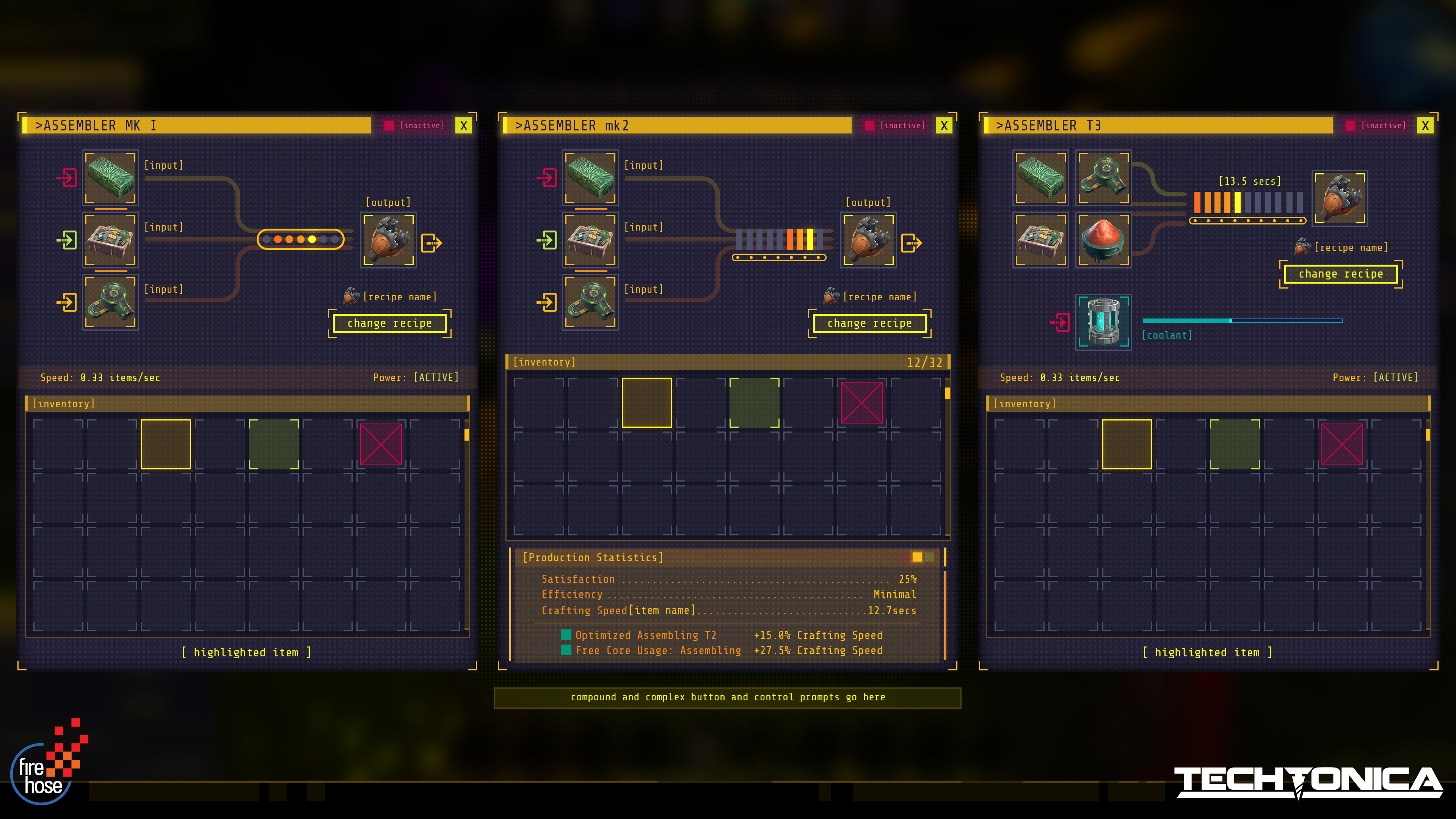 Assembler - Takes in resources and constructs more complicated items. The upgraded version takes in 4 ingredients maxmium to account for more complex recipes in the late game. The coolant/overclocking system never made it into machines in this capacity.