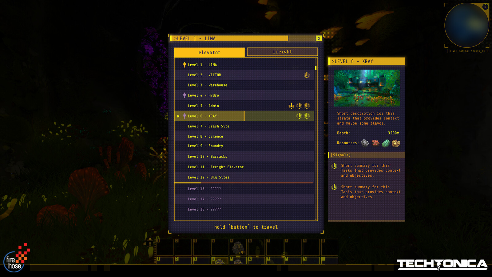 Freight Elevator: Transport - Allows players to travel from level to level instantly. This was a variation of the Teleported menu, but accounted for several other pieces of information, including other player locations and excavation progress.