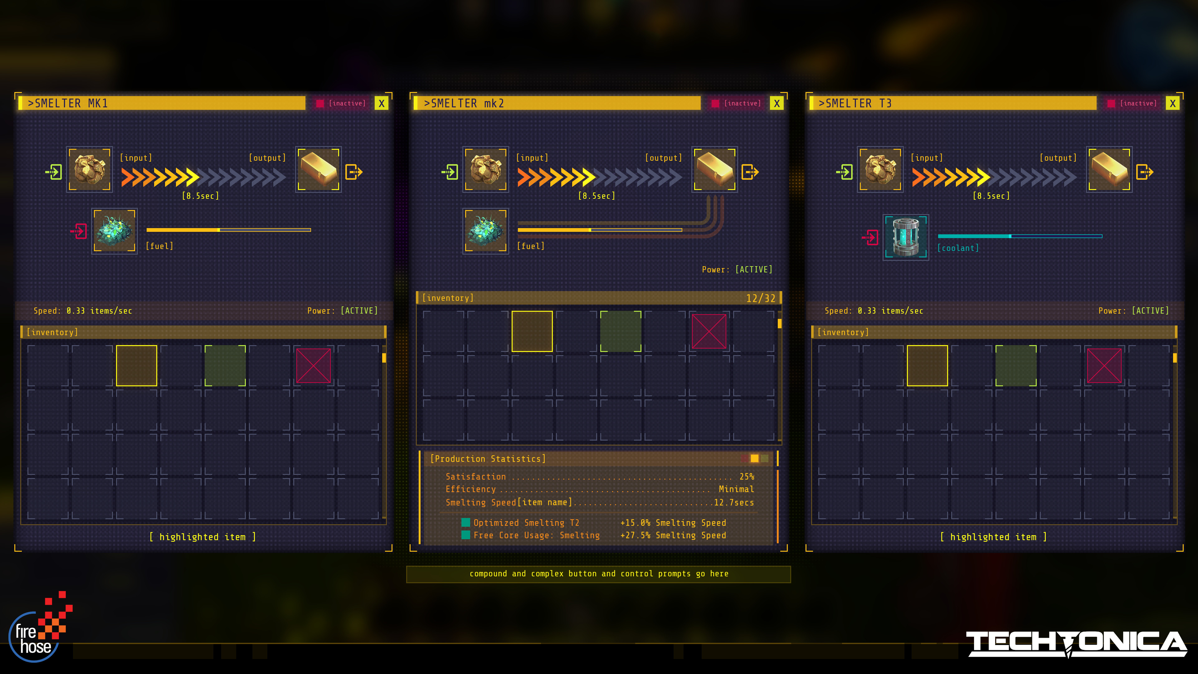 Smelter - Smelts raw ore into ingots. Usually the second machine a player interacts with, and thus a touch more complex. Two inputs produce one output. Eventually it uses power instead of fuel, which was originally replaced with Coolant.