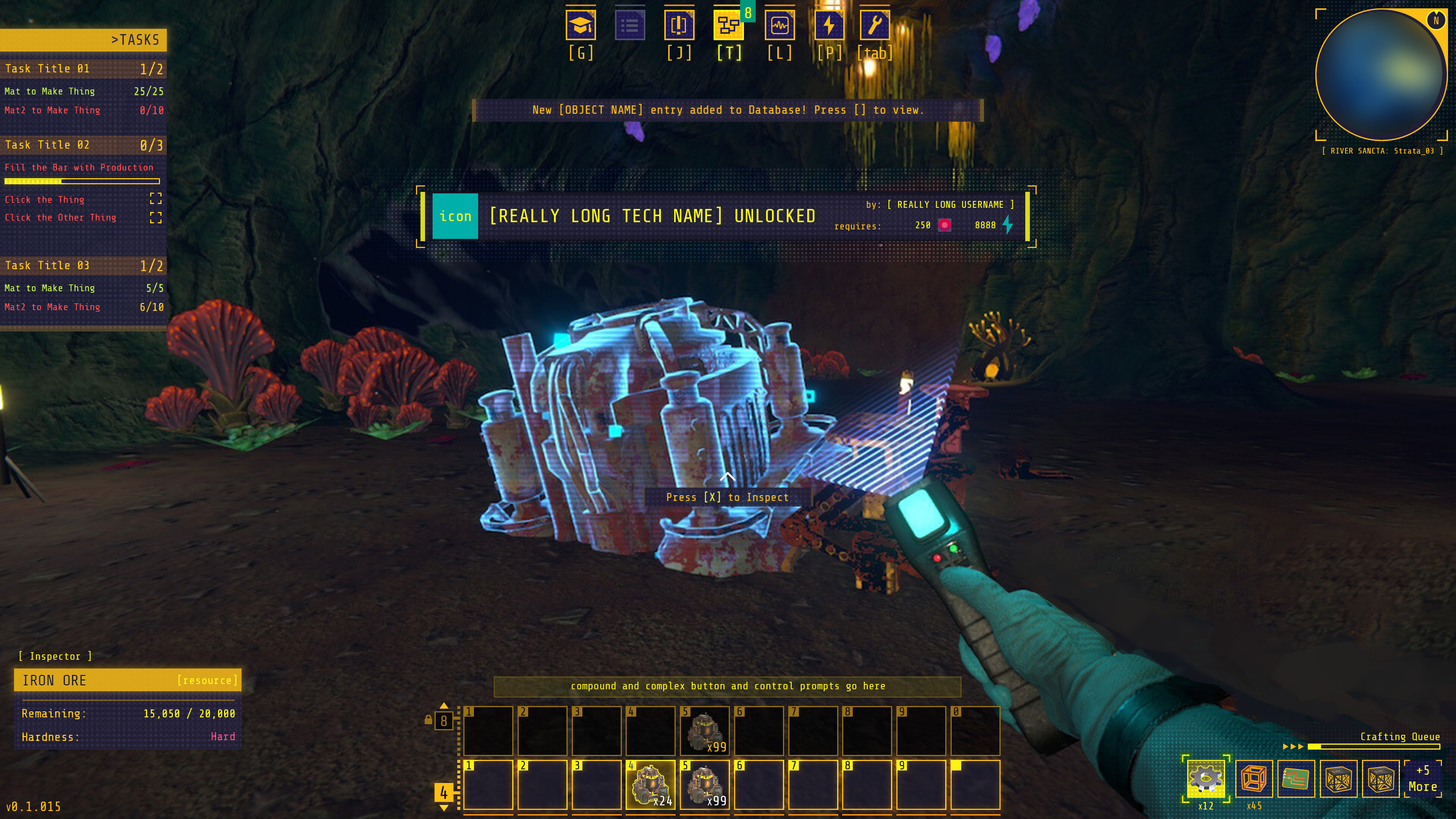 Task Notification - There are several types of popup notifications that ahppen in Techtonica. The goal was to achieve a balance between visibility and unobtrusiveness as these notifications could be triggered by other players or automated machines.