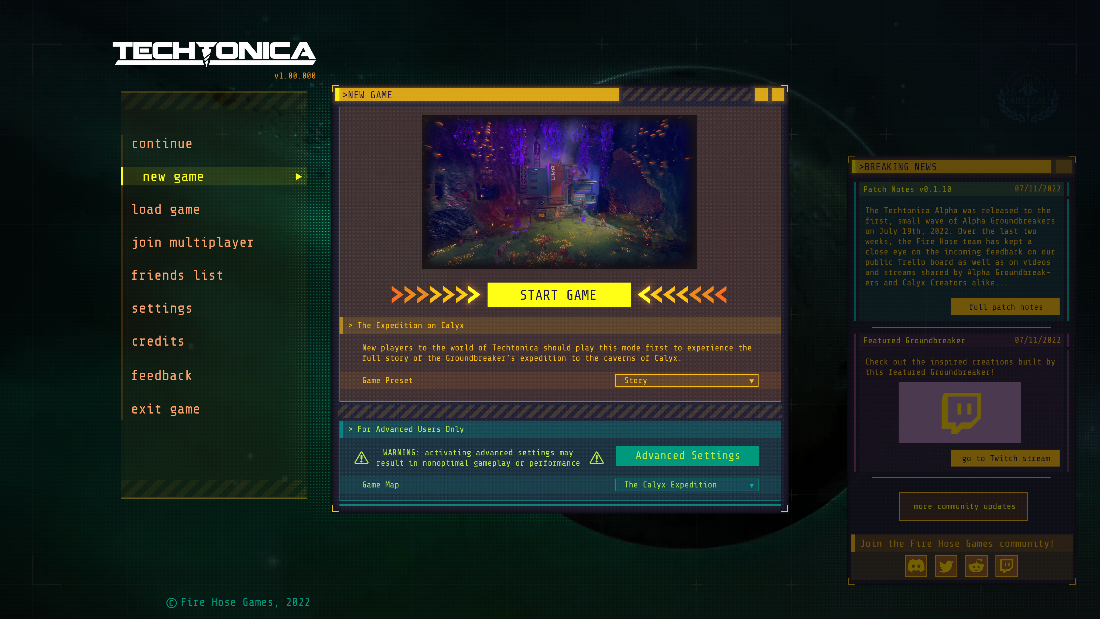  New Game Start v1 - Originally the UX was designed to present a single standard game mode with an additional option to navigate to more advanced options. We later decided to add a preset for an "Easy" mode and changed the overall layout to accomdate.