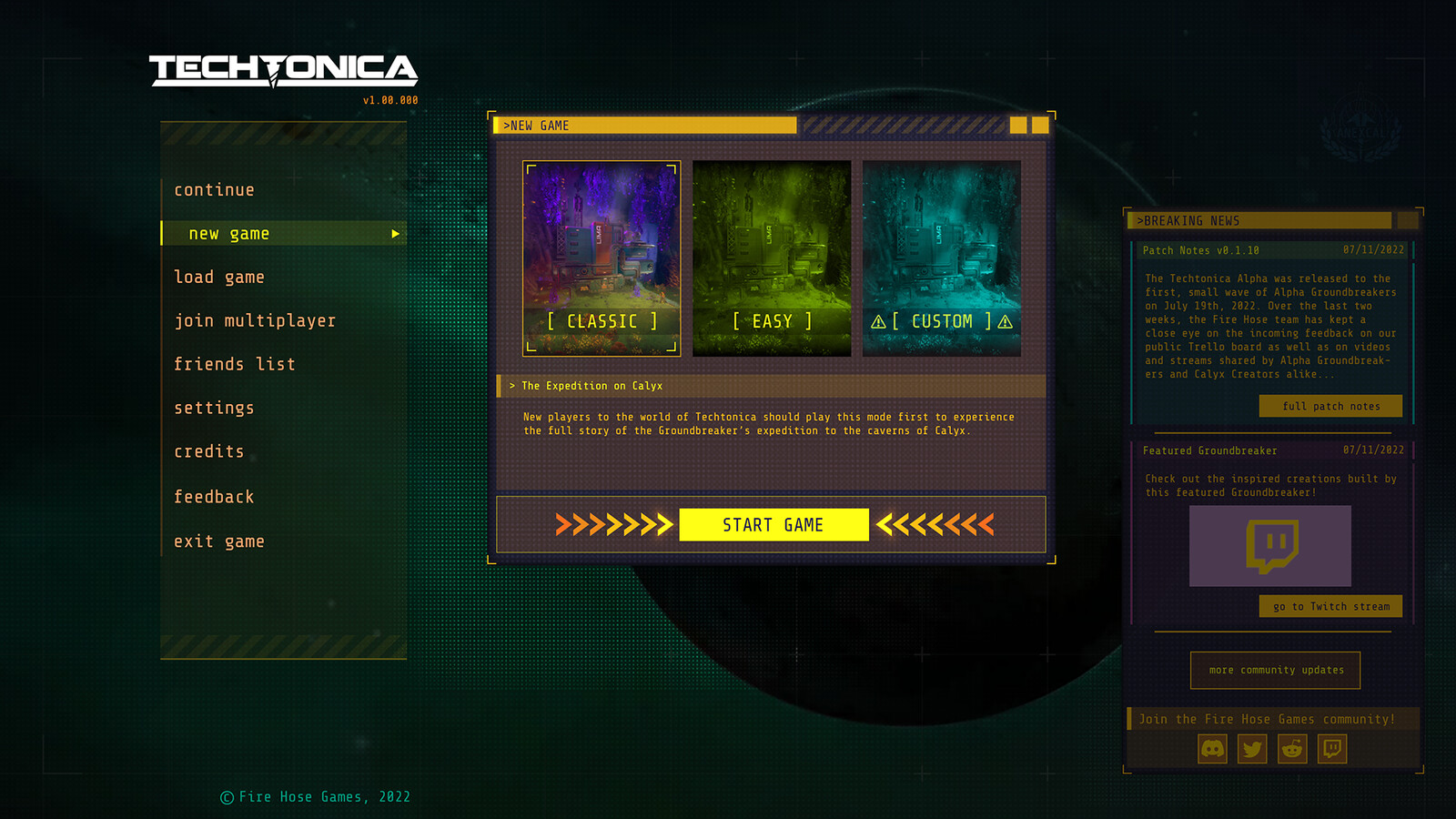 New Game Start v2 - We decided to present the player with three options when starting a new game, Standard, Easy, and Custom. The Easy preset modifies some of the more commonly altered options to smooth out the experience for new players to the genre.
