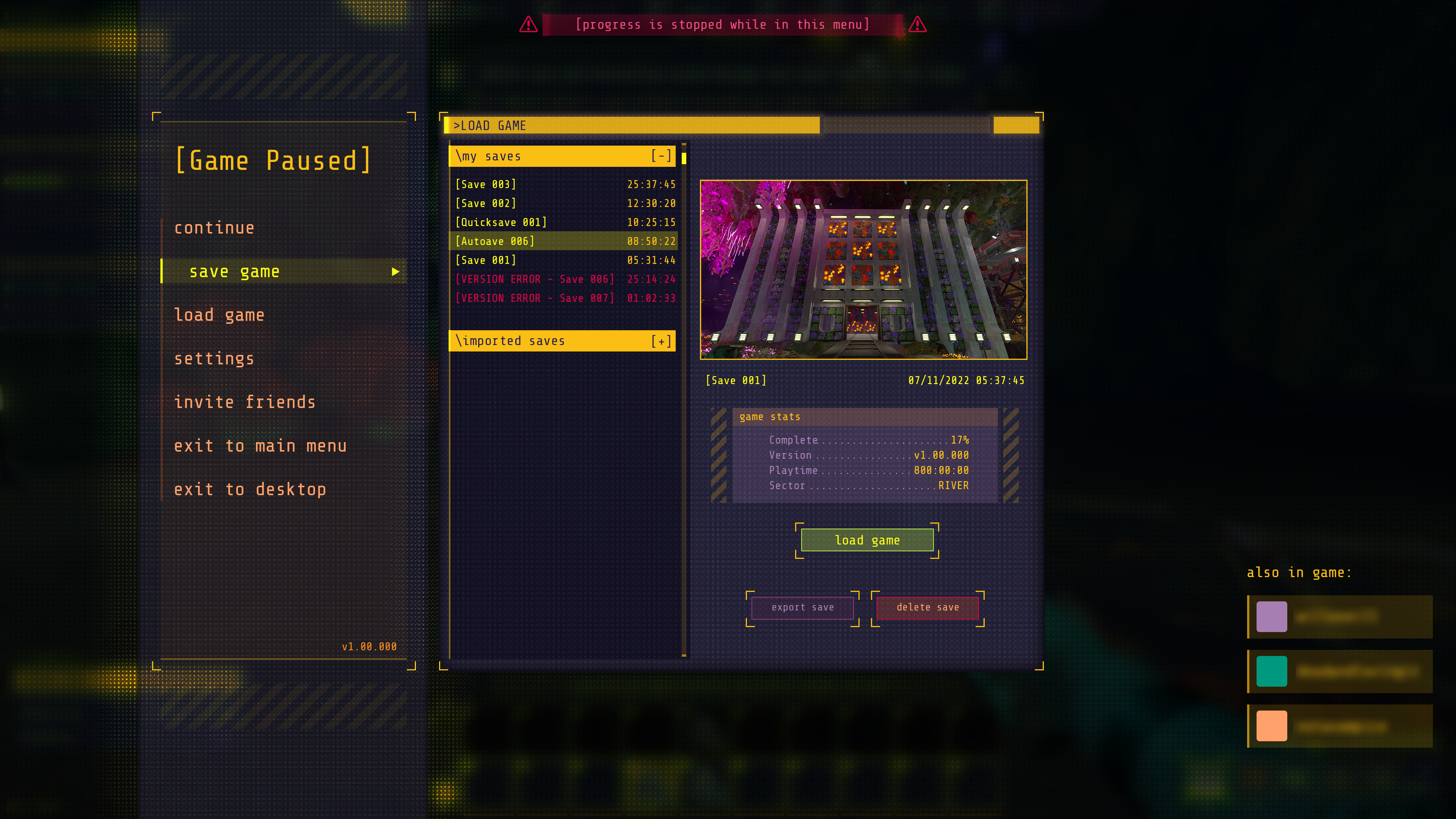 Pause Menu Load Game - This was a proposal for a fully featured load screen including support for location tracking, game completion tracking, and importing saves from other players. We ended up simplifying to something mirroring our save menu.