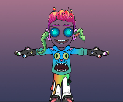 Eventually we decided to go with a slightly more realistic, less ball head. Matching the work Gilbert Alvarez had done for a number of 2D avatars. The head here is his design. I concepted some clothing options to match his fun, outlandish type designs. 