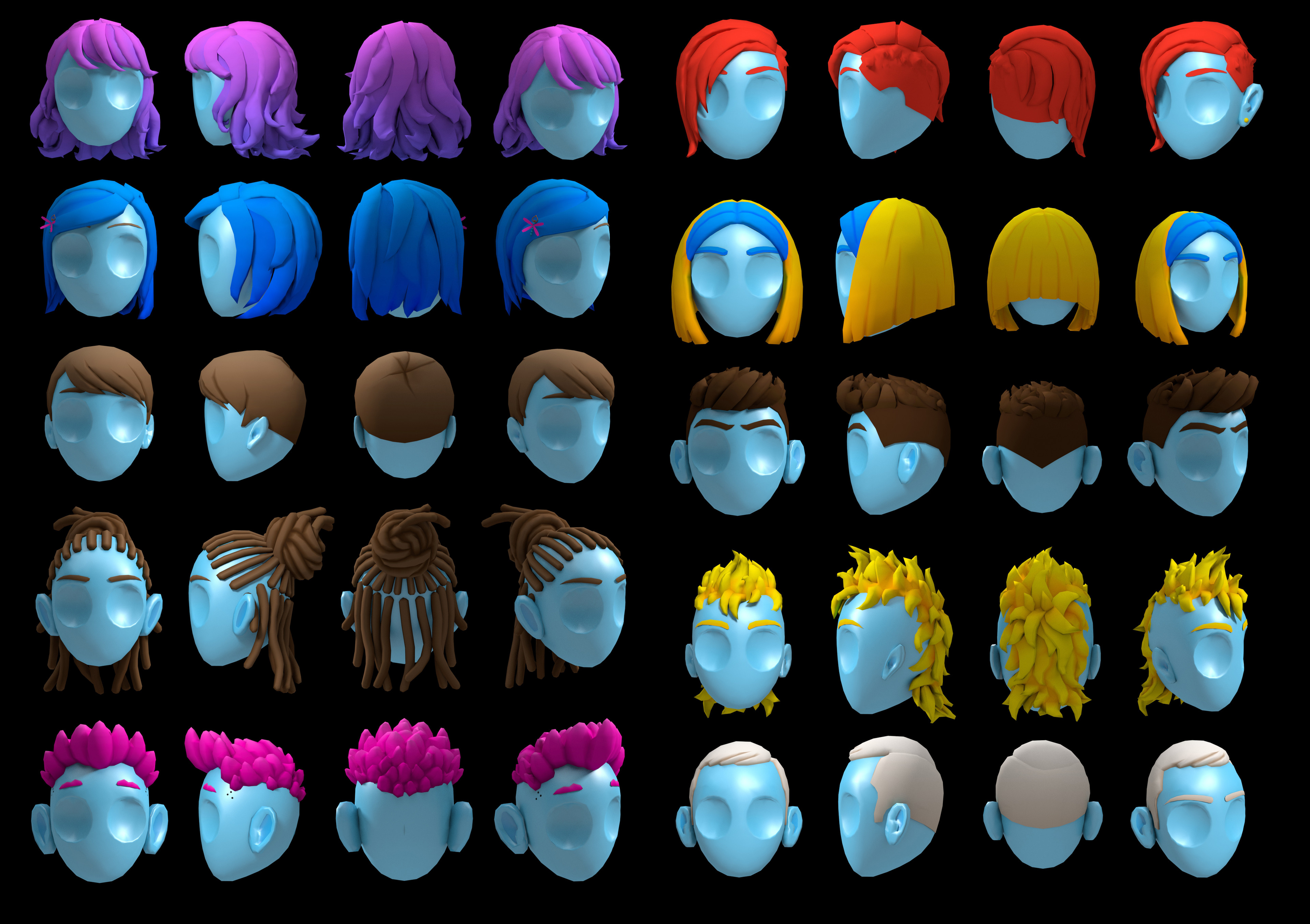 I then used the initial hair as reference for all hairs. Image shown is of a number of non modular hair pieces made for the platform. (concepts done by Gilberto Alvarez. I then translated to match the base hair)  