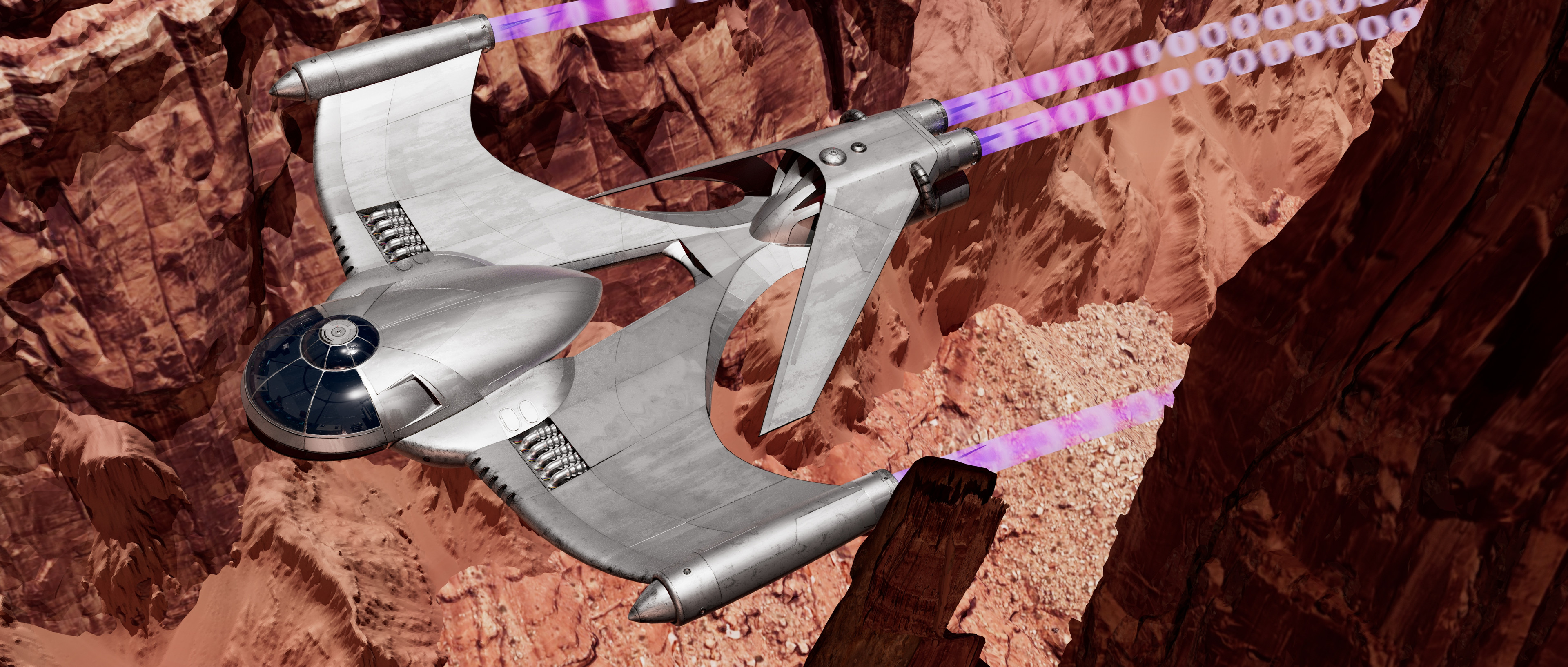 Midway point during creation... at this point I had decided to go with a less alien look than I felt the original concept had. So I squared out some of the shapes and flattened certain curves, like the wing shape and engine bulge.