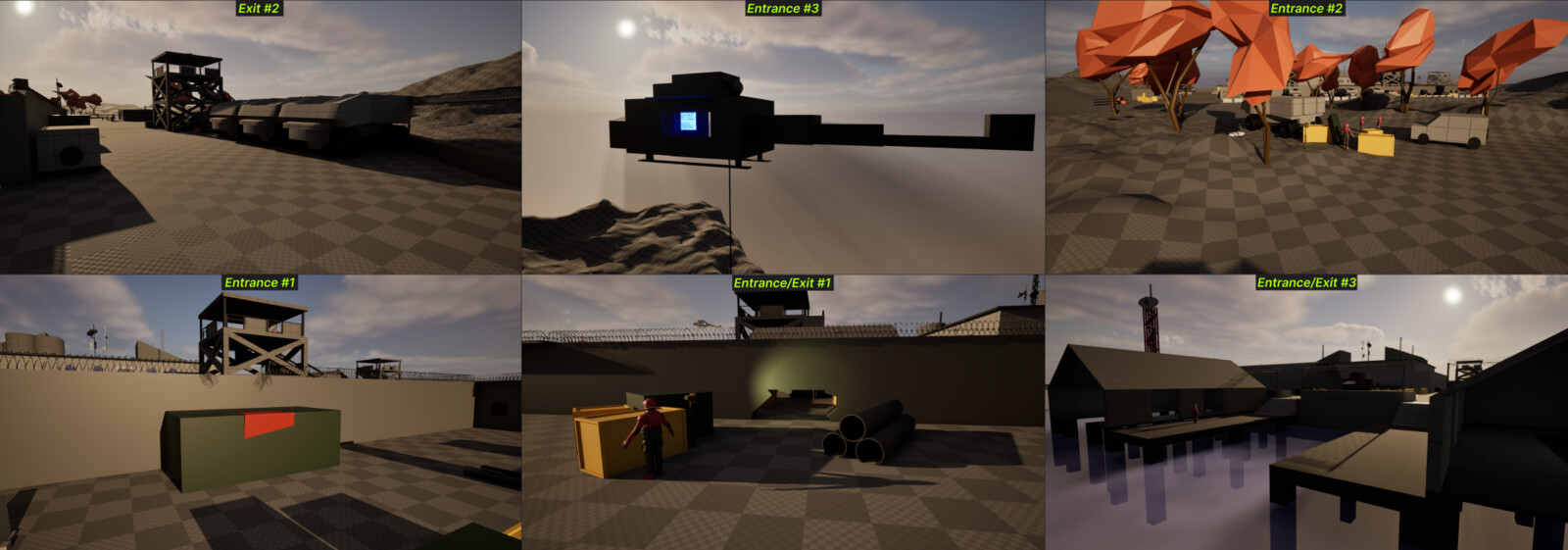 For an open-world co-op for 1-4 players I created a lot of entrances/exits to provide the maximum number of options to the players and  create a more engaging experience playing in a team. 
All names are the same as in the map.