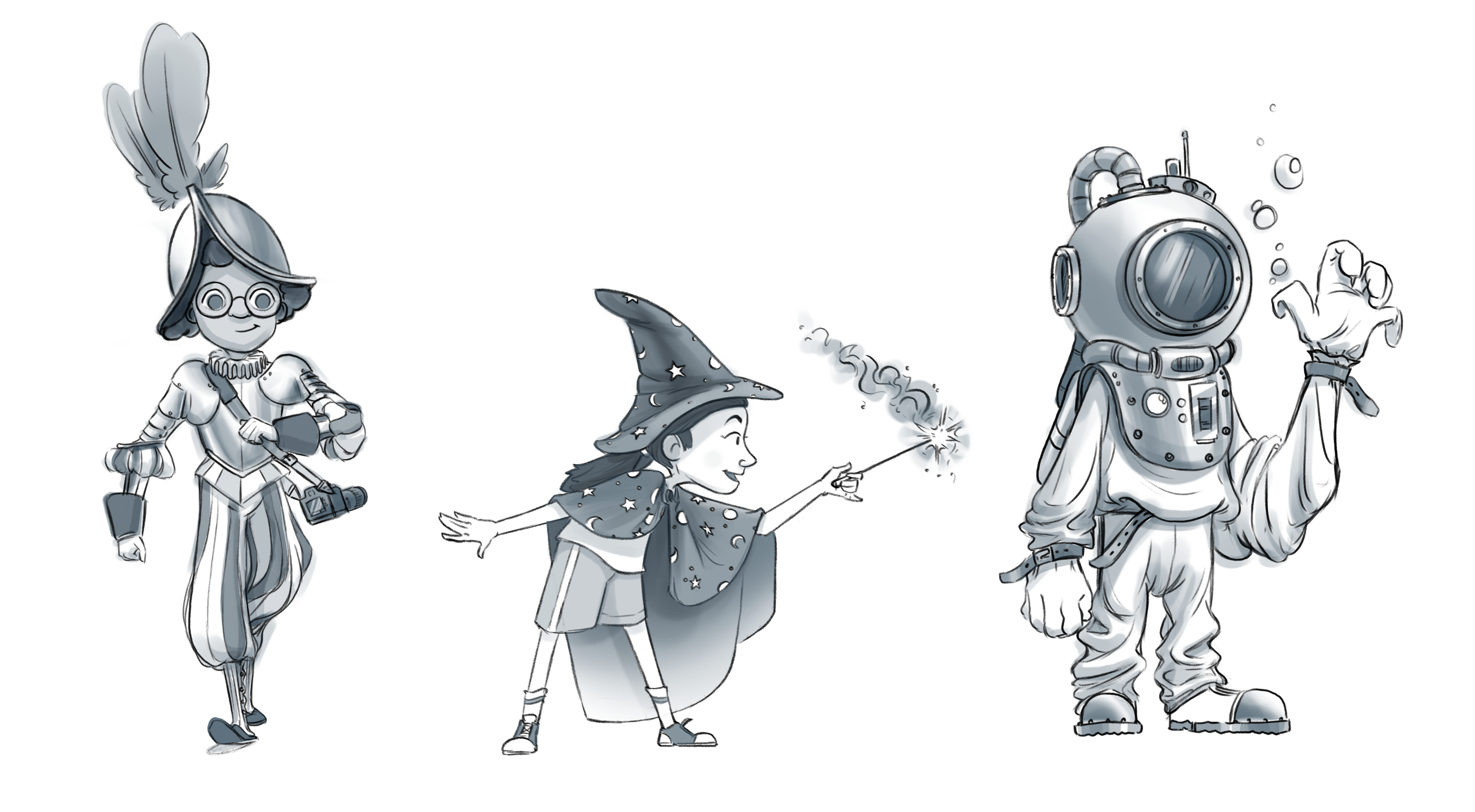 Kids in historic costumes sketches.