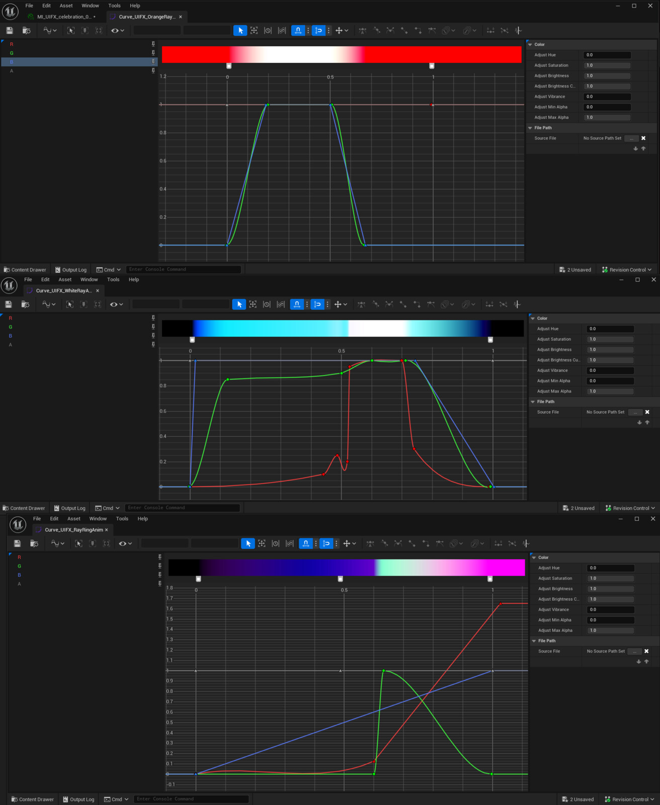 Here are the curves I used to pertub and define the rays as well as some curves used to animate parameters for the UI VFX sequence. 