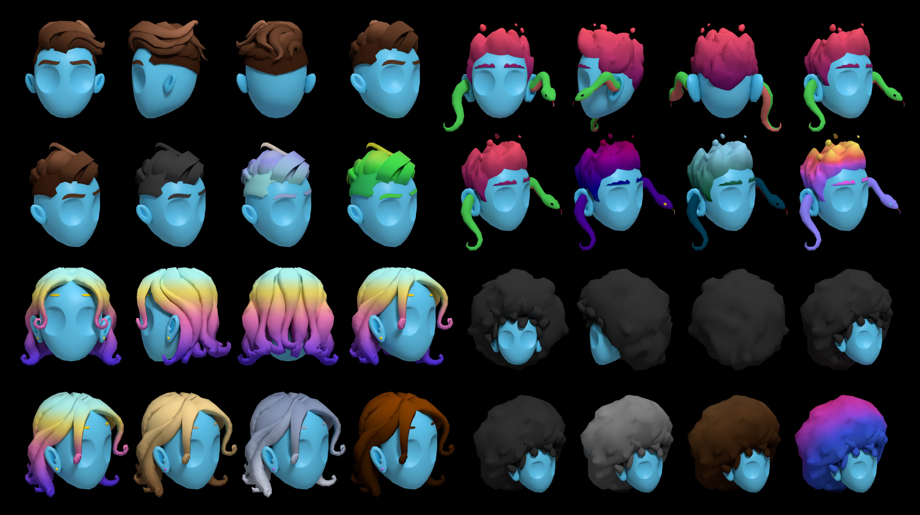 We ended up going with a mix of retopoed hair and select individual chunks to accent the look. (bottom left and top right hairs designed by Gilberto Alvarez) 
