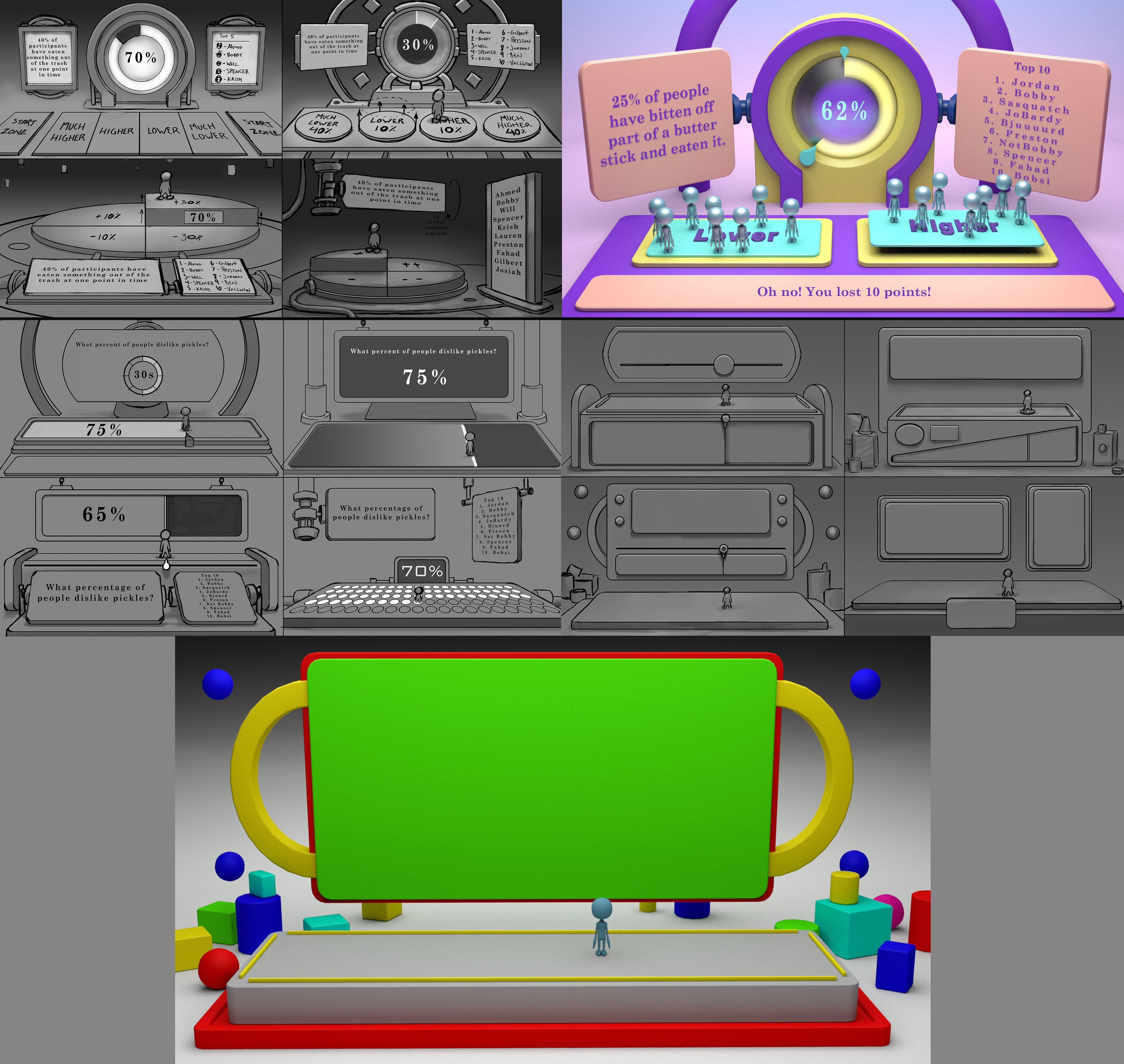 "Read the Room" Concepts and 3D work. Read the room started out as "higher or lower" a game where players guessed if the answer was higher or lower than that of the original statistic. Now it's "what percentage of people here...?"