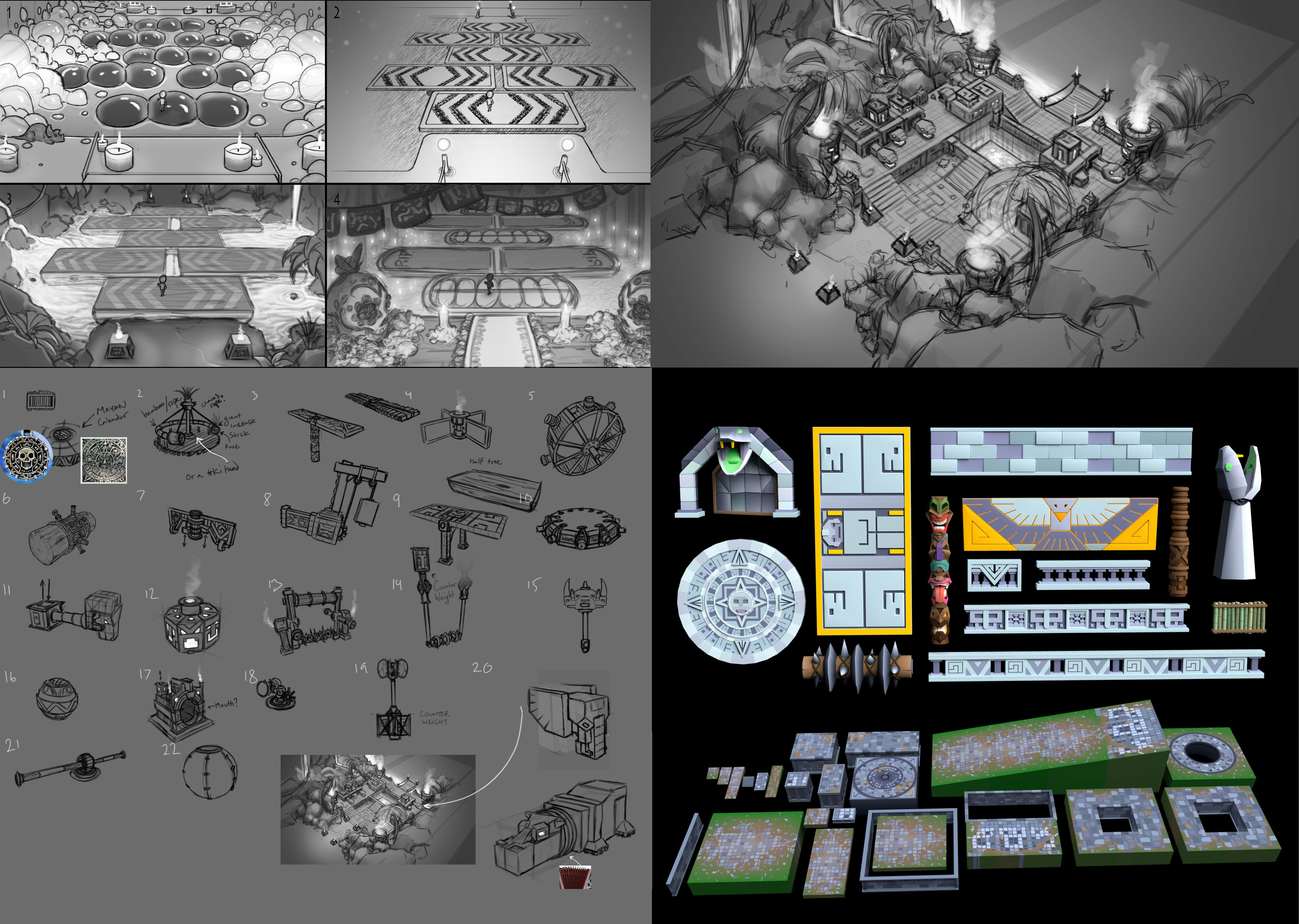 "Obstacle Course" Concepts and 3D work. I concepted out all the obstacles, with ideas from Spencer Barber and Preston Baker. I collaborated with Preston Baker on making the sections fit together like on the upper right concept.