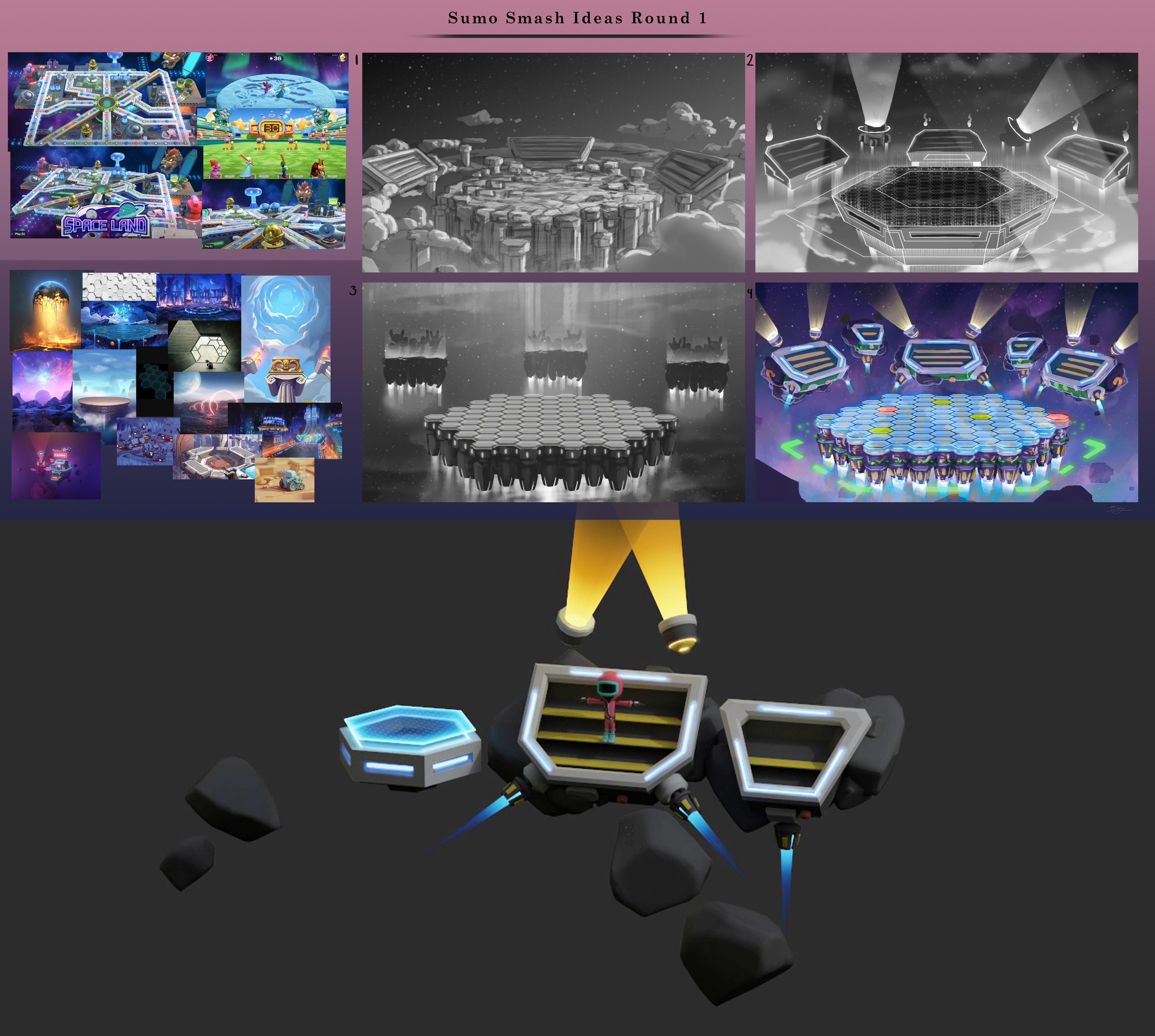"Sumo Smash" Concepts and 3D. Sumo Smash is a game where players try to knock each other off as the floating platform sequentially drops. This was the first environmental concepts I did for Internet Games.  