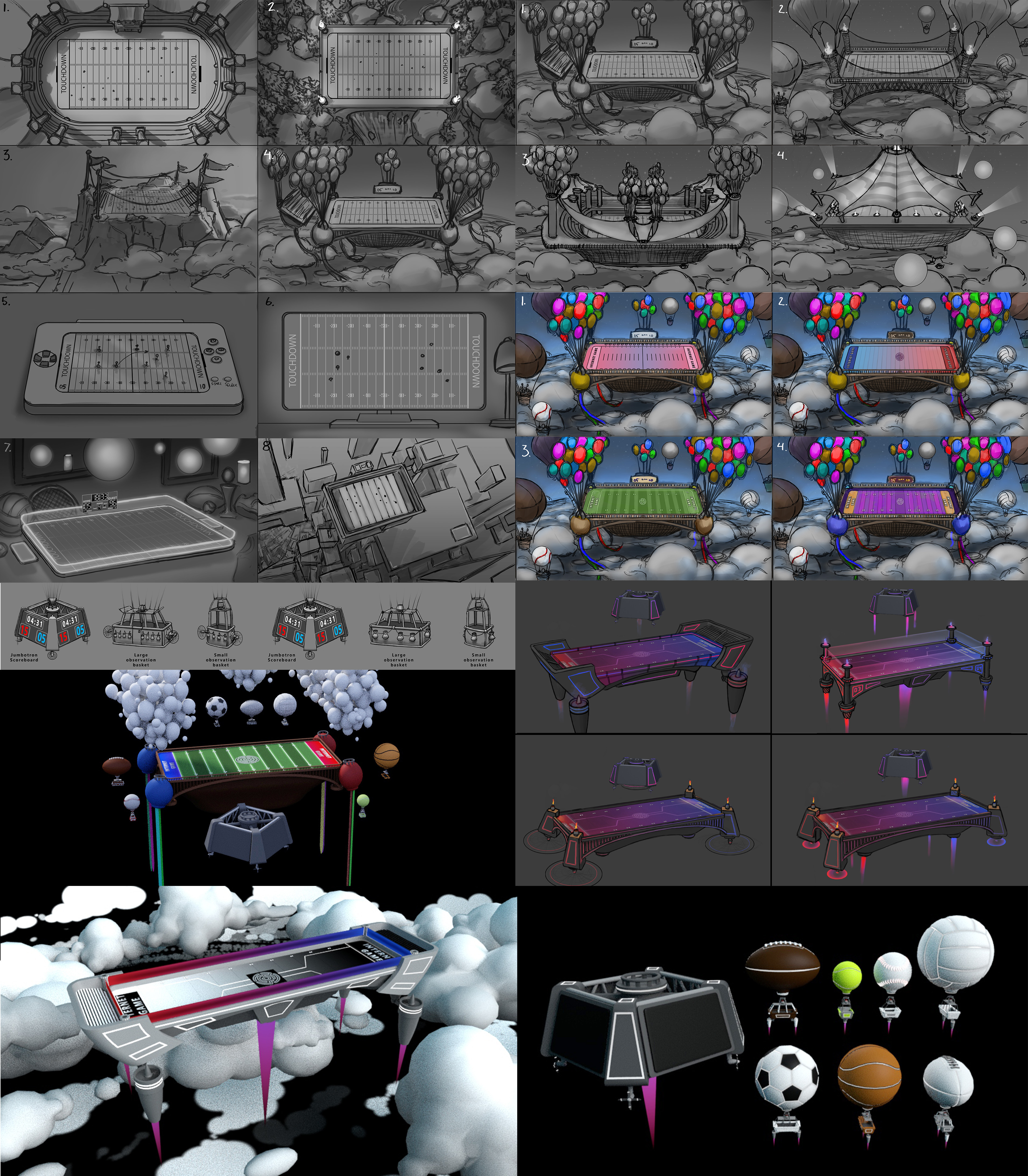 "Astro Ball" Concepts and 3D work. A mix of soccer/ rugby. The design went from a floating field with "UP" vibes, to a futuristic sci-fi stadium in the sky. 