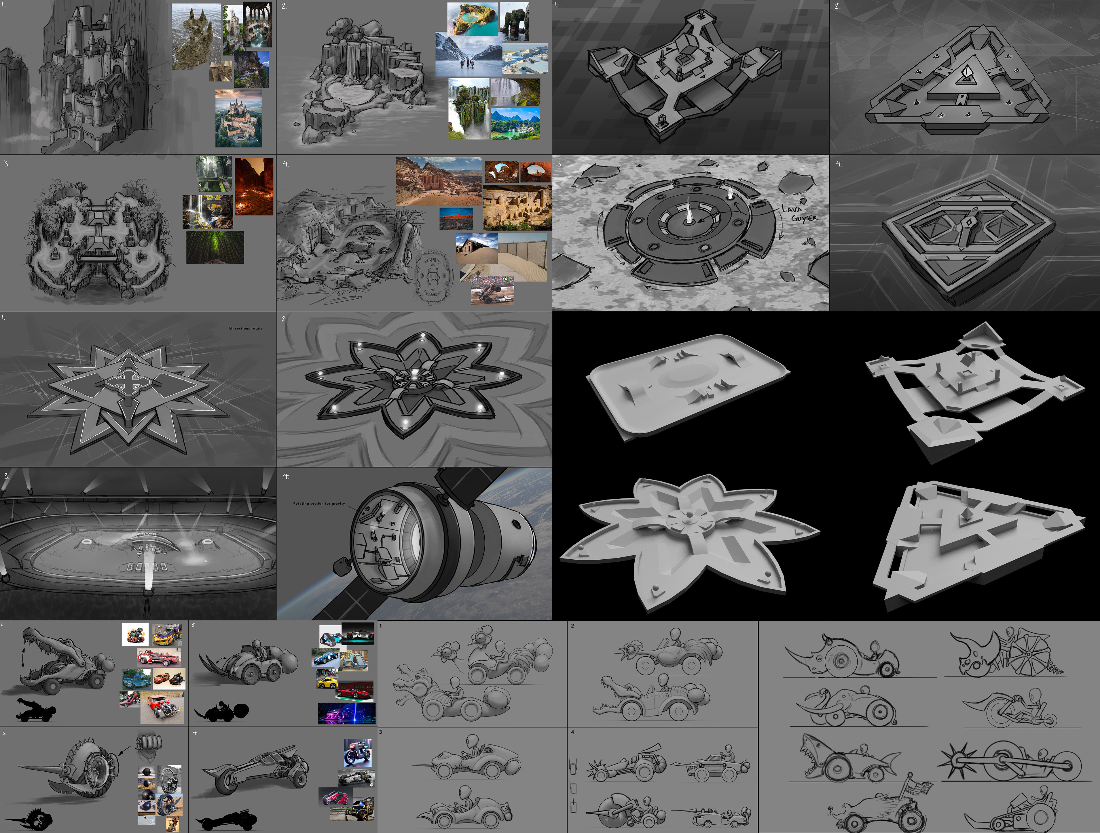 "Battle Karts" Concepts and 3D work. Battle Karts started as a chase type game where you would try and pop each other's balloons attached to your cart. 