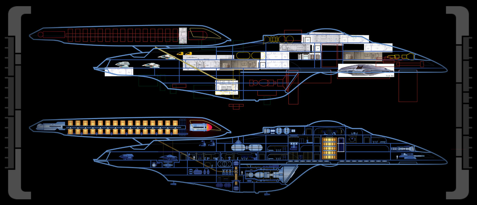 I use studio blueprints to get the room sizes as accurate as possable. Here you can see my block out work of the ship and the components slowly taking shape. I always work with key engineering systems first, then I fill out the spaces around them.