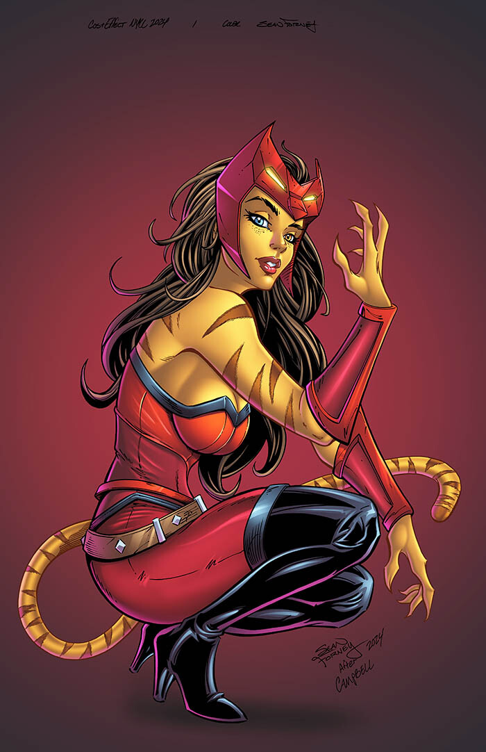 Cos &amp; Effect NYCC 2024 cover 

Homage to J. Scott Campbell's Witchblade cover. 

Lines and colors by Sean Forney 