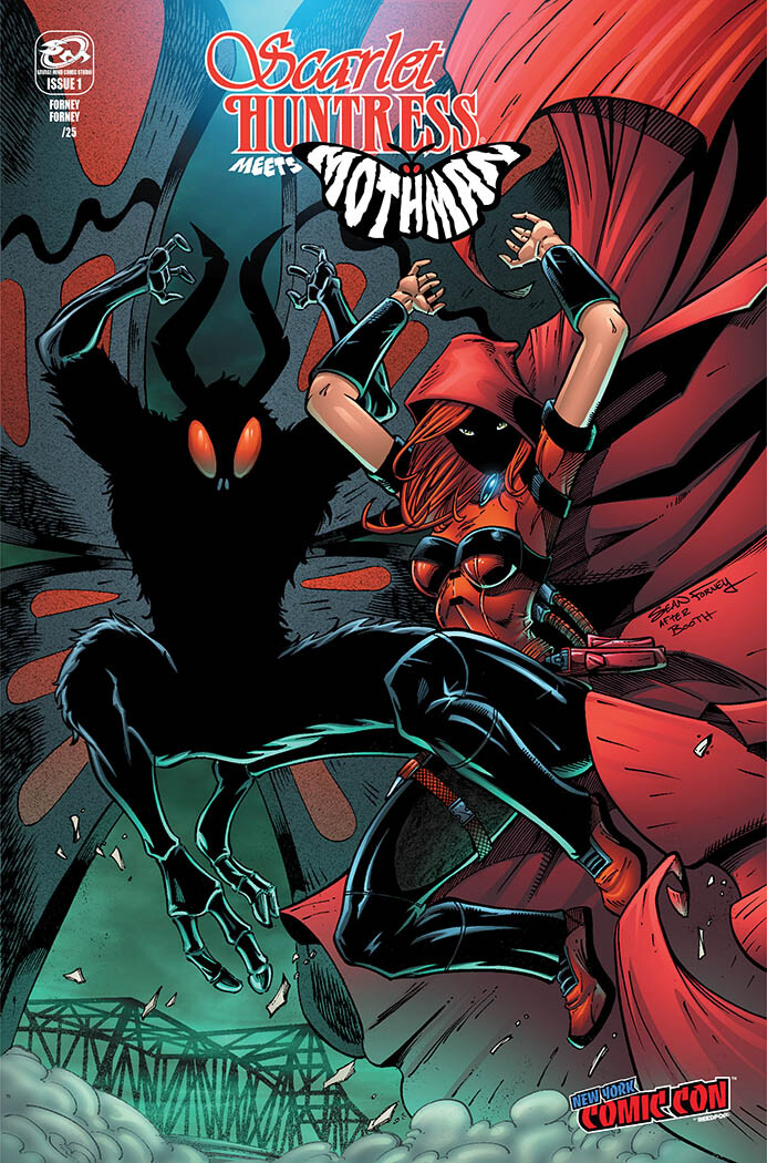 Scarlet Huntress meets Mothman NYCC 2024 cover 

Homage to Brett Booth's Spawn Batman cover 

Lines and colors by Sean Forney 

Scarlet Huntress copyright and trademark Stephanie and Sean Forney 