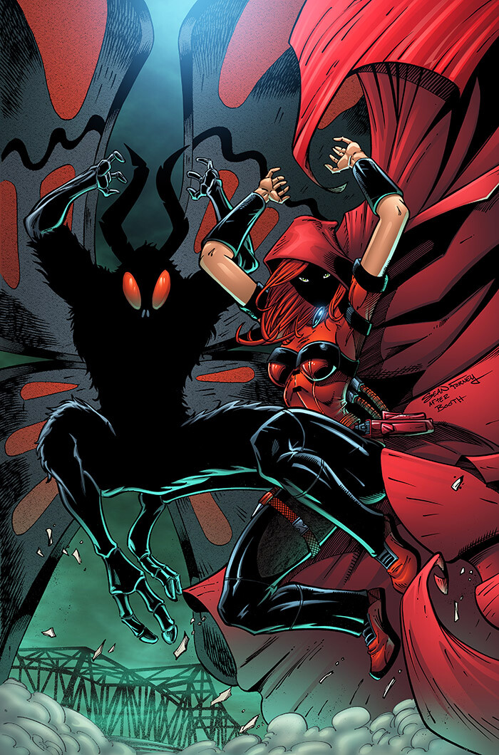 Scarlet Huntress meets Mothman NYCC 2024 cover 

Homage to Brett Booth's Spawn Batman cover 

Lines and colors by Sean Forney 

Scarlet Huntress copyright and trademark Stephanie and Sean Forney 