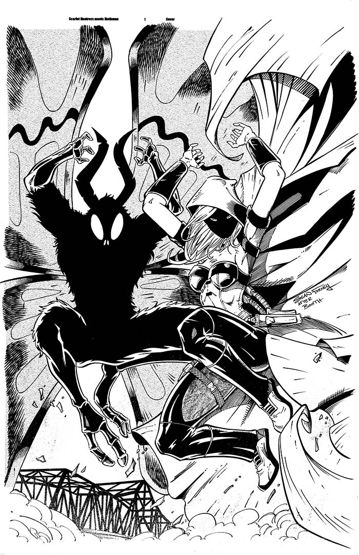 Scarlet Huntress meets Mothman NYCC 2024 cover 

Homage to Brett Booth's Spawn Batman cover 

Lines and colors by Sean Forney 

Scarlet Huntress copyright and trademark Stephanie and Sean Forney 