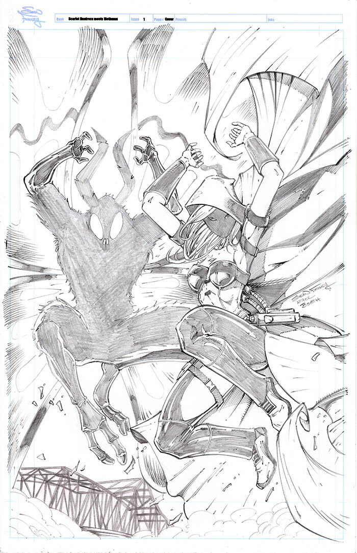 Scarlet Huntress meets Mothman NYCC 2024 cover 

Homage to Brett Booth's Spawn Batman cover 

Lines and colors by Sean Forney 

Scarlet Huntress copyright and trademark Stephanie and Sean Forney 