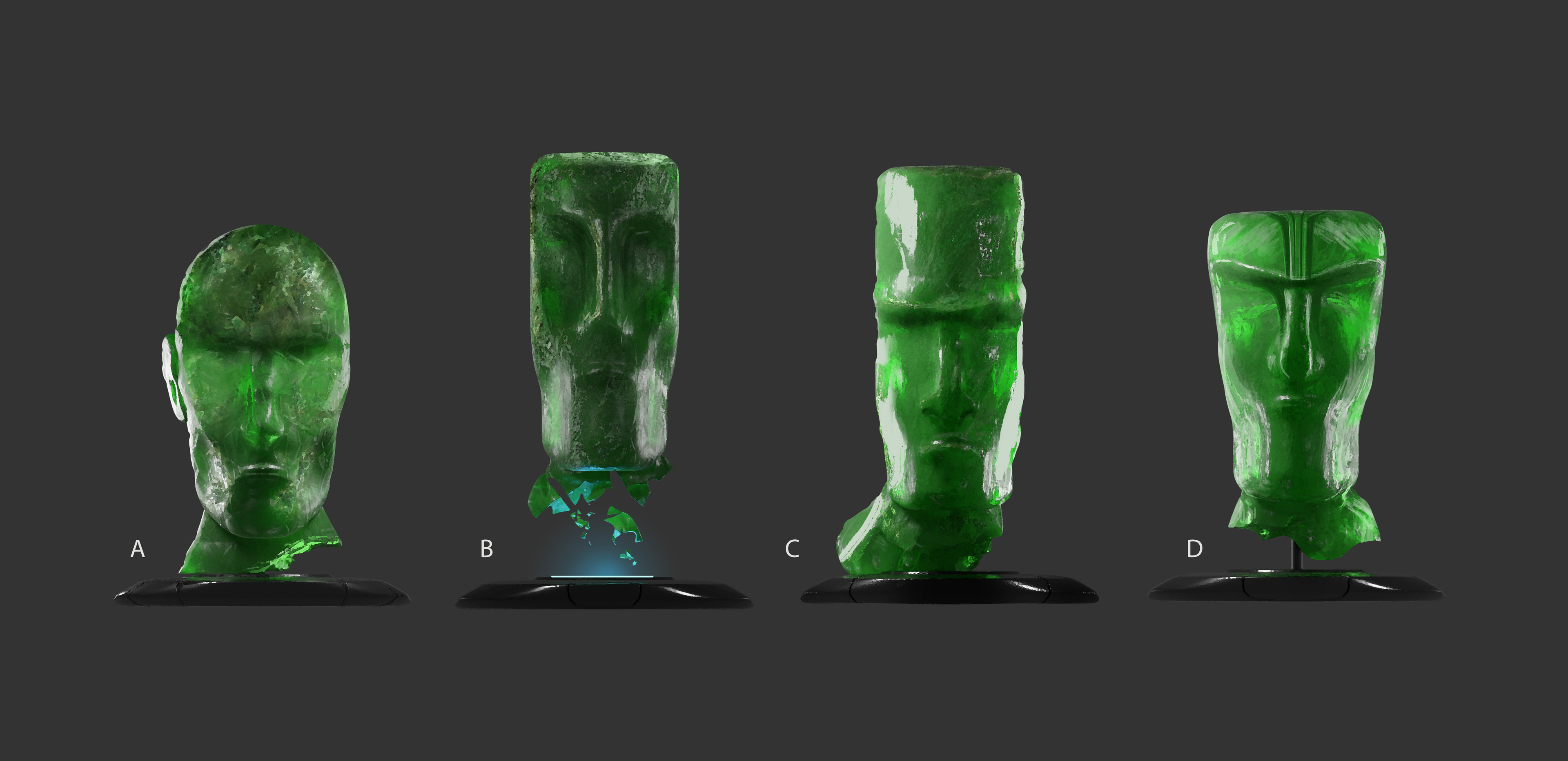 Second pass designs for Jade Head - the direction was to simplify and remind more of Easter Island