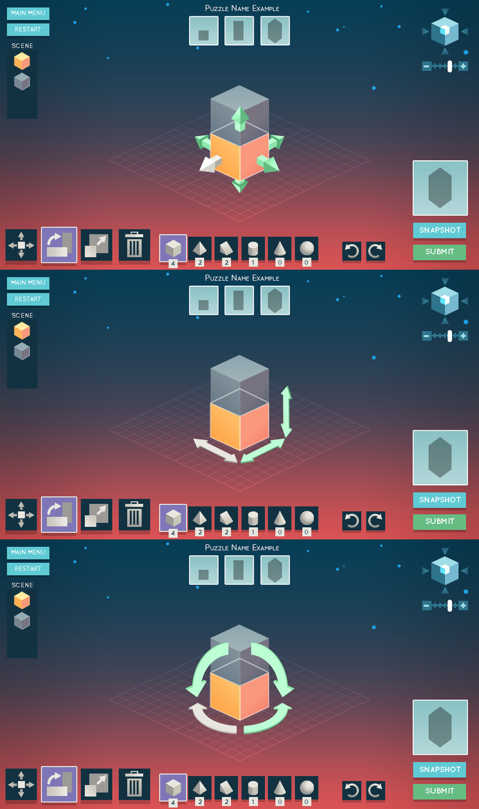 Main HUD, which is designed to resemble a simple 3D modeling program